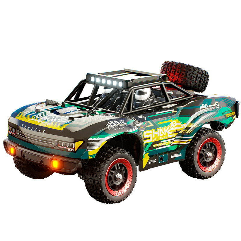 【1/18スケール 高速オフロードRCカー】四輪駆動 フル比例制御 ブラシモーター搭載 大径タイヤ ショートトラック バギータイプ LEDライト付き ラジコンカー 大人向け 競技用 本格モデル（スペアタイヤ付き）