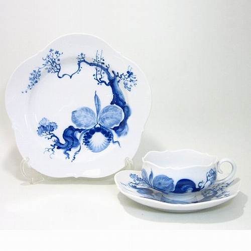 マイセン 【ブルーオーキッド】824001 トリオセット ティーカップ＆ソーサー・21cmプレート C/S｜輸入洋食器店アイン　店