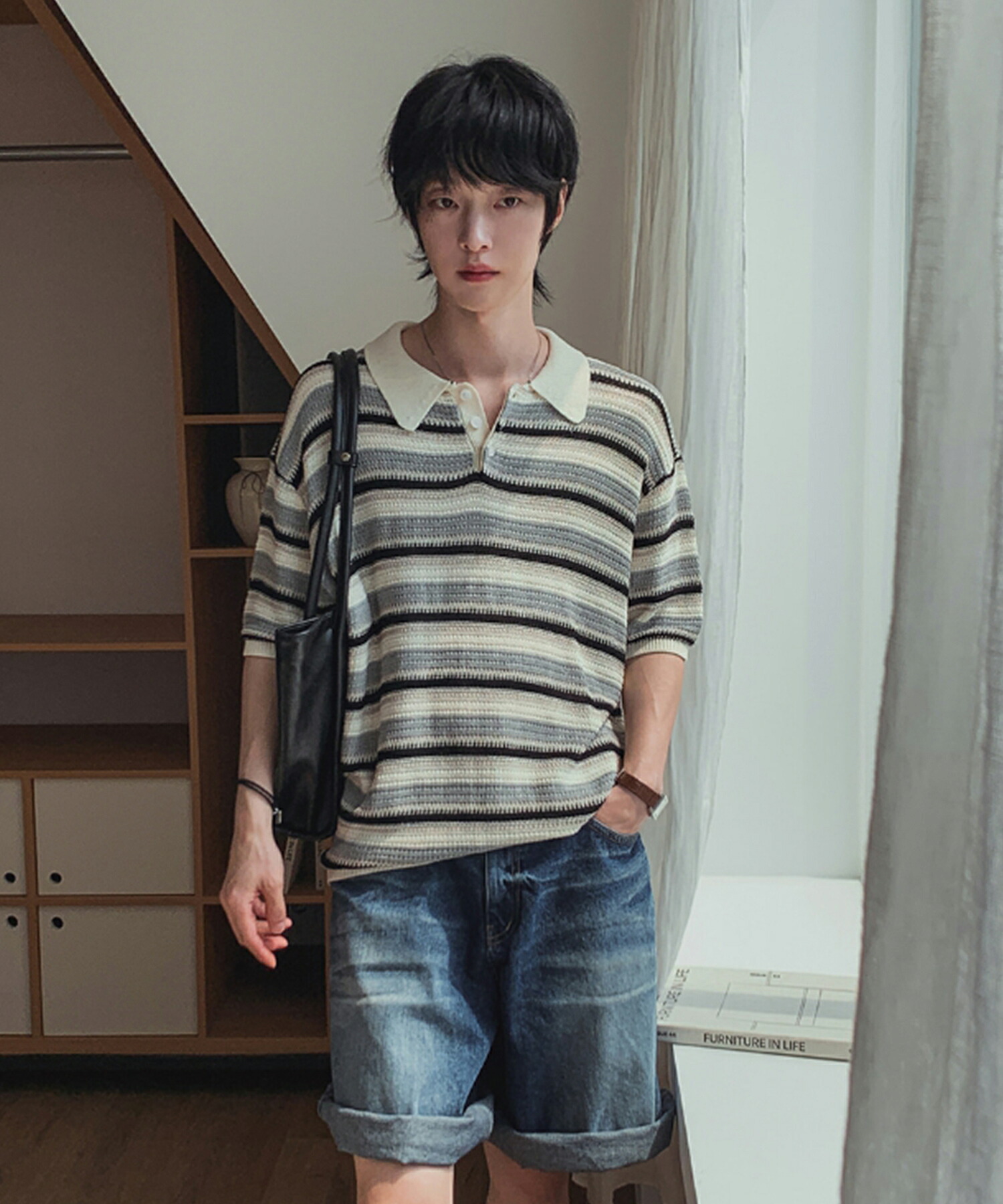 【貨物輸送無料】ツープラン【2plan】Dots Stripe Half Knit / 一点間借り人半袖編み物【堅苦しさ販売店】 Sky-Black