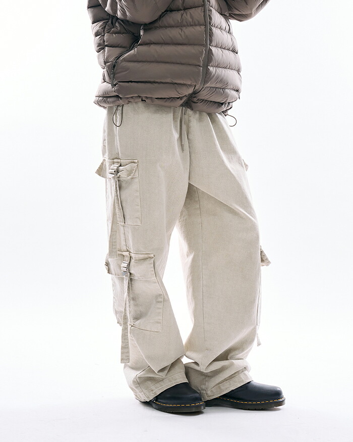 【貨物輸送無料】ラウコハウス【Raucohouse】Bondage strap cargo banding pants / ボンデージストラップカーゴバンディングパンツ 男女兼用【堅苦しさ販売店】 Beige-Charcoal
