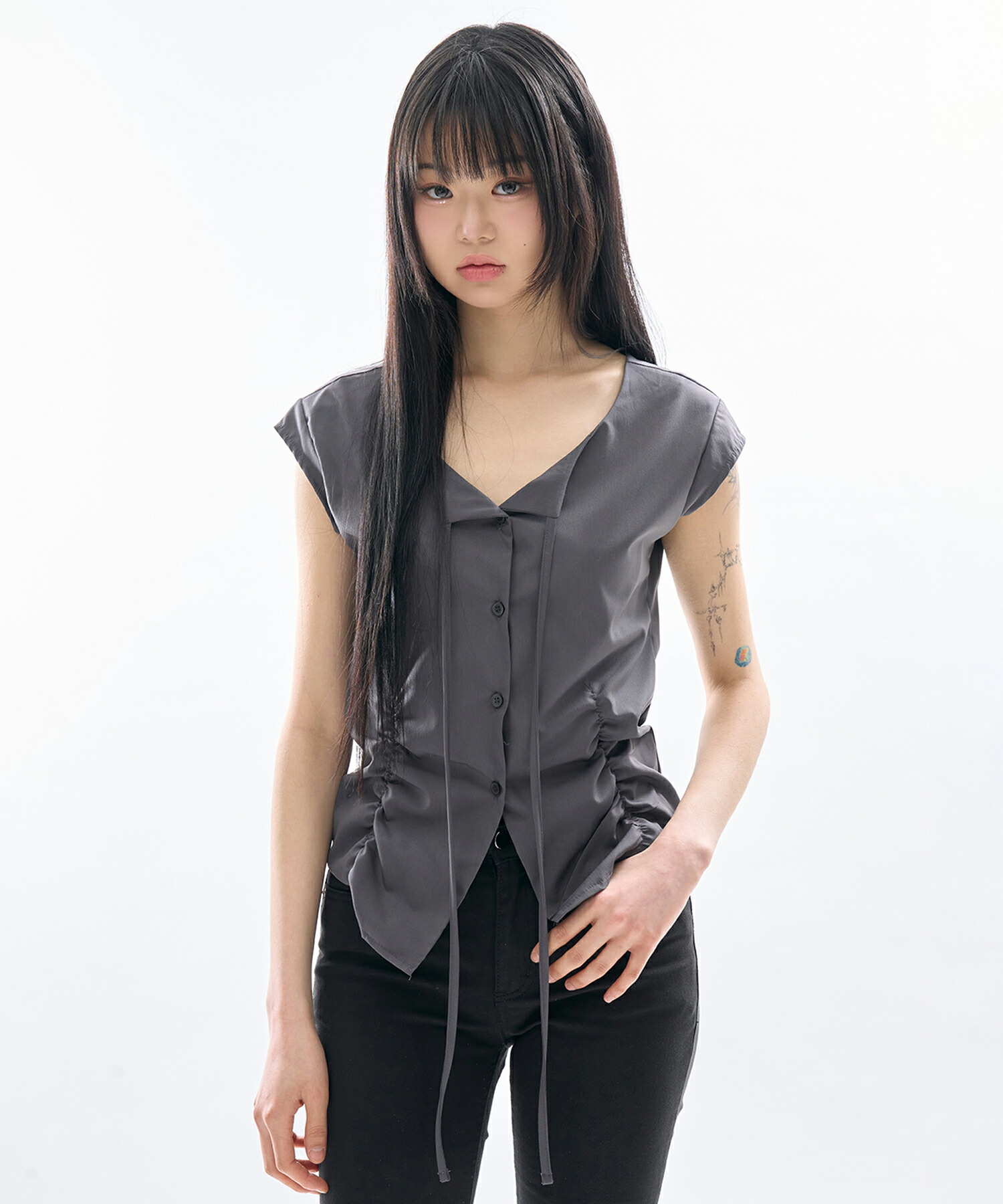 【送料無料】ラウコハウス【Raucohouse】Low shirring button-up blouse / ローシャーリングボタンアップブラウス【公式ショップ】