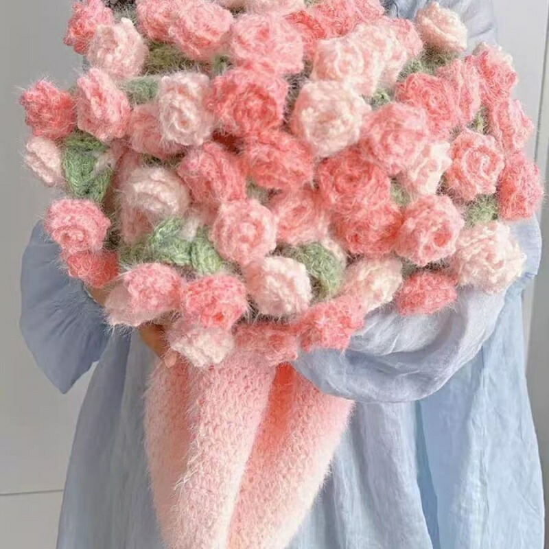 【プレゼントに最適】バラの花束 ブランケット 毛布 完成品 円形 直径120cm 漸変ピンク ハンドメイド ギフト 女友達 彼女
