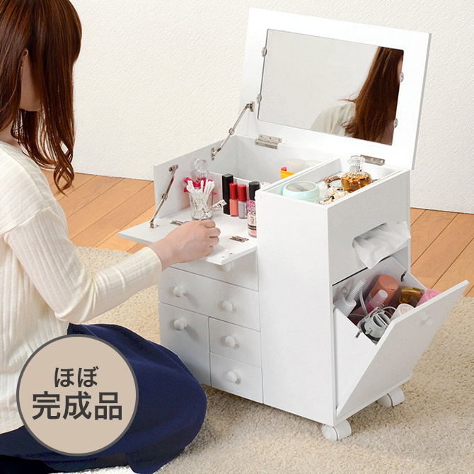 コスメワゴン ドレッサー メイクボックス コスメボックス デスク ワゴン 収納 ほぼ完成品 鏡台 化粧台 ロータイプ ティッシュ ゴミ箱 鏡付き キャスター付き 姫系 コンパクト 大容量 かわいい おしゃれ ホワイト 白 人気|イーカグライフ