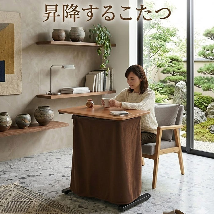【あったかヒーター ブランケット付き！】1人用こたつ昇降式こたつ リモートワーク用 幅70cm ガス圧 昇降サイドテーブル ヒーター ブランケット付き 2口コンセント パネルヒーター タイマー消灯機能 キャスター マグネット取付 簡単着脱 昇降テーブル テレワーク 1人用｜イーカグライフ