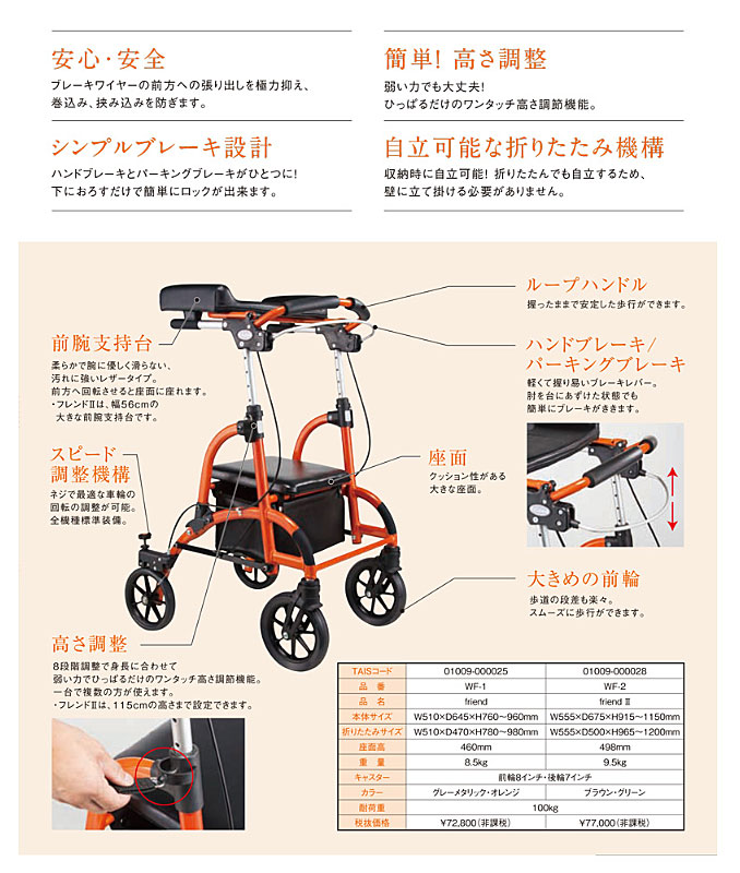 (代引き不可)歩行車friend(フレンド)WF-1ウェルパートナーズ(歩行器歩行補助折りたたみ)介護用品