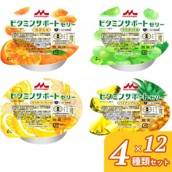 【マラソン限定P2倍】介護食品 デザート 4種×各12個セット ビタミンサポートゼリー いろいろセット 78g 各12個 カップタイプ カップ容器 やわらか食 柔らかい 高齢者 老人 おやつ 手軽 食物繊維 お試し 栄養補助食品 介護食 送料無料 介護用品 水分補給