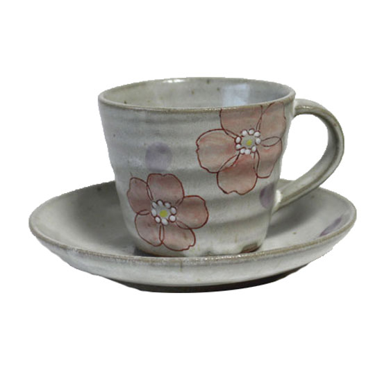 コーヒーカップ&ソーサー 赤絵 ピンクかりん 200cc 碗皿 食洗機対応 レンジ対応 珈琲 コーヒー 和風 温もり プレゼント 渋い 土もの 持ちやすい画像