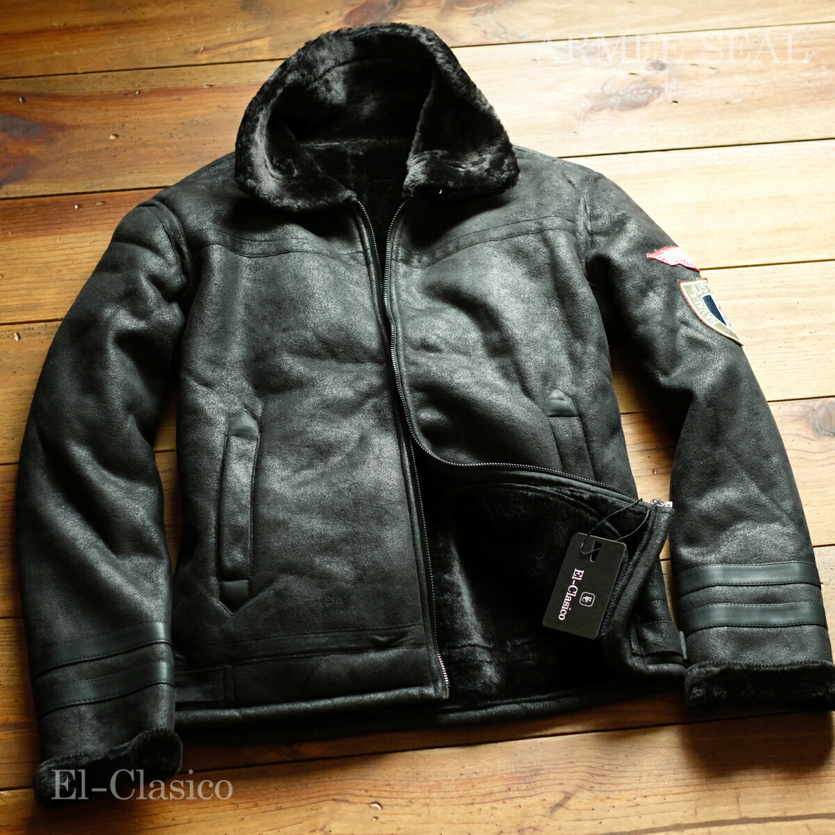 新品*フランス共和国*ARMEE SEAL* B-3 ボア 航空 ムートンジャケット 黒いこと 黒■仏米空軍 襟 腰三尺帯 秋冬 メンズ ボマー◆SEAL-BK