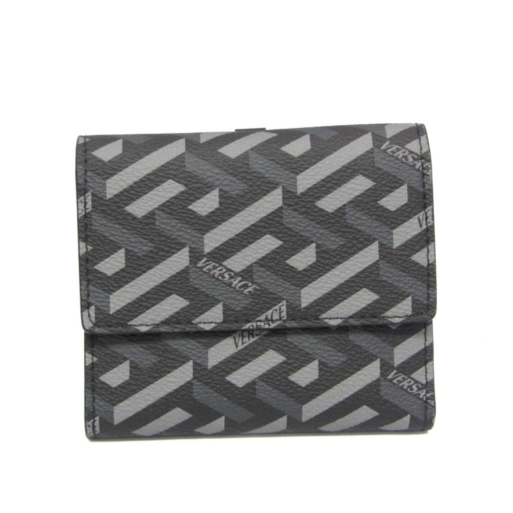 ヴェルサーチェ(Versace) ラ グレカ レディース,メンズ PVC,レザー 財布（三つ折り） ブラック,グレー【中古】