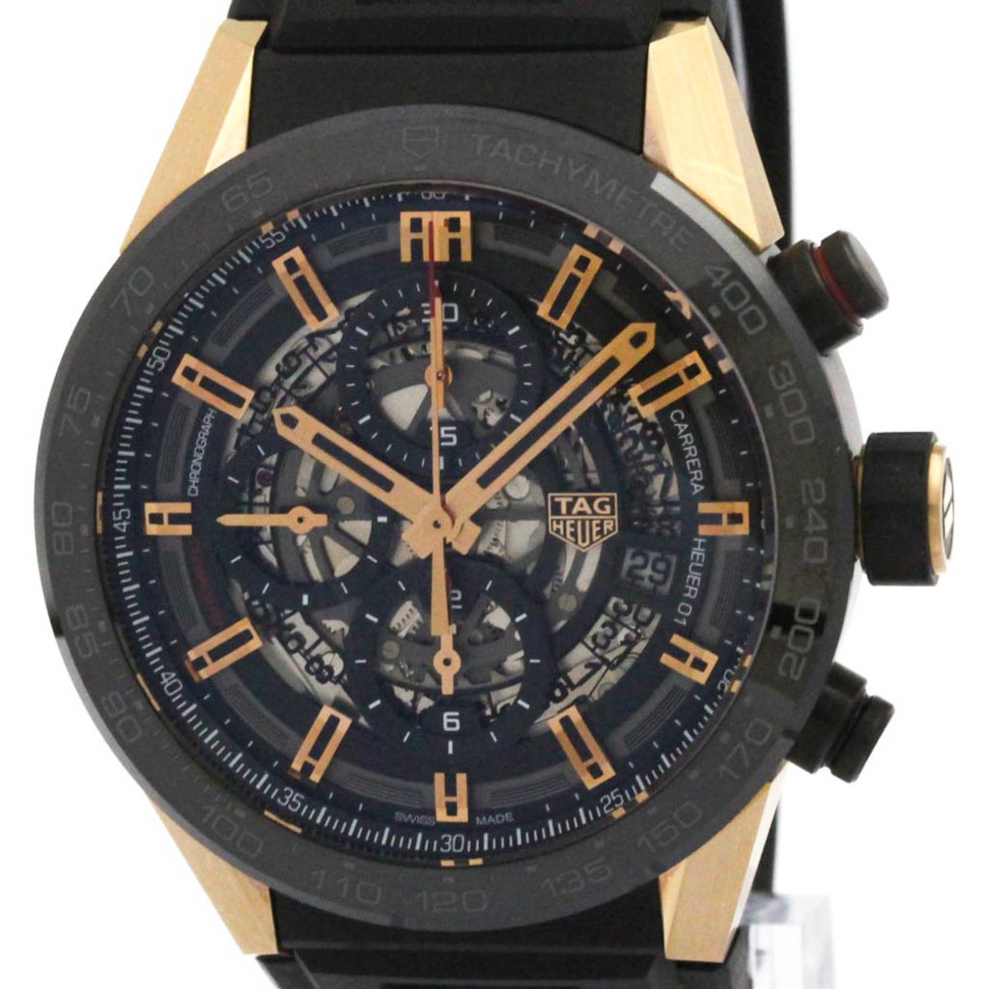 タグホイヤー (TAG HEUER) カレラ ホイヤー01 クロノグラフ セラミック K18 ピンクゴールド ラバー 自動巻き メンズ 時計 CAR205A (外装仕上げ済み)【中古】