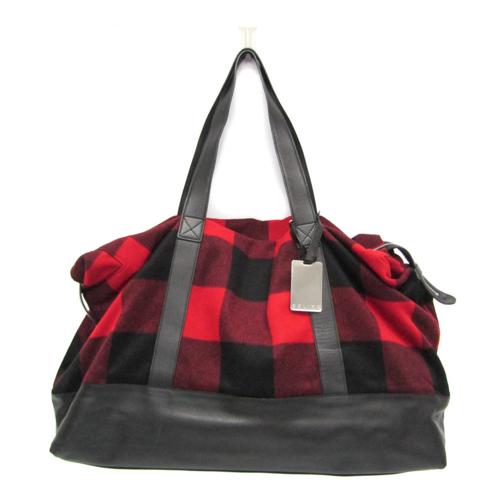 セリーヌ(Celine) チェック柄 MC99/2 メンズ,レディース ウール,レザー ボストンバッグ,ショルダーバッグ ブラック,レッド【中古】