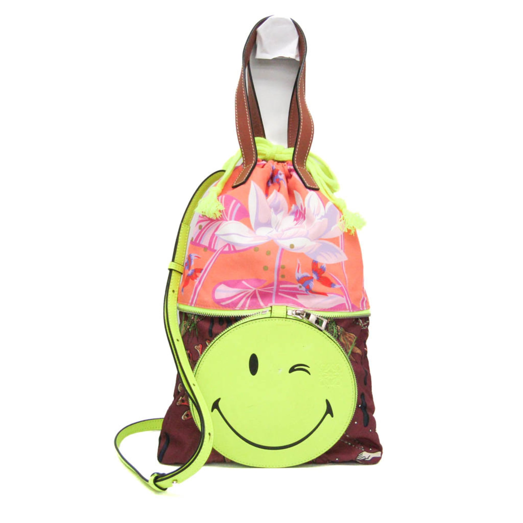 ロエベ(Loewe) パウラズ イビザ Paula’s Ibiza コラボ ダブルトート スマイリーウインク レディース ナイロン,レザー ショルダーバッグ,トートバッグ ブラウン,ピンク,イエロー【中古】