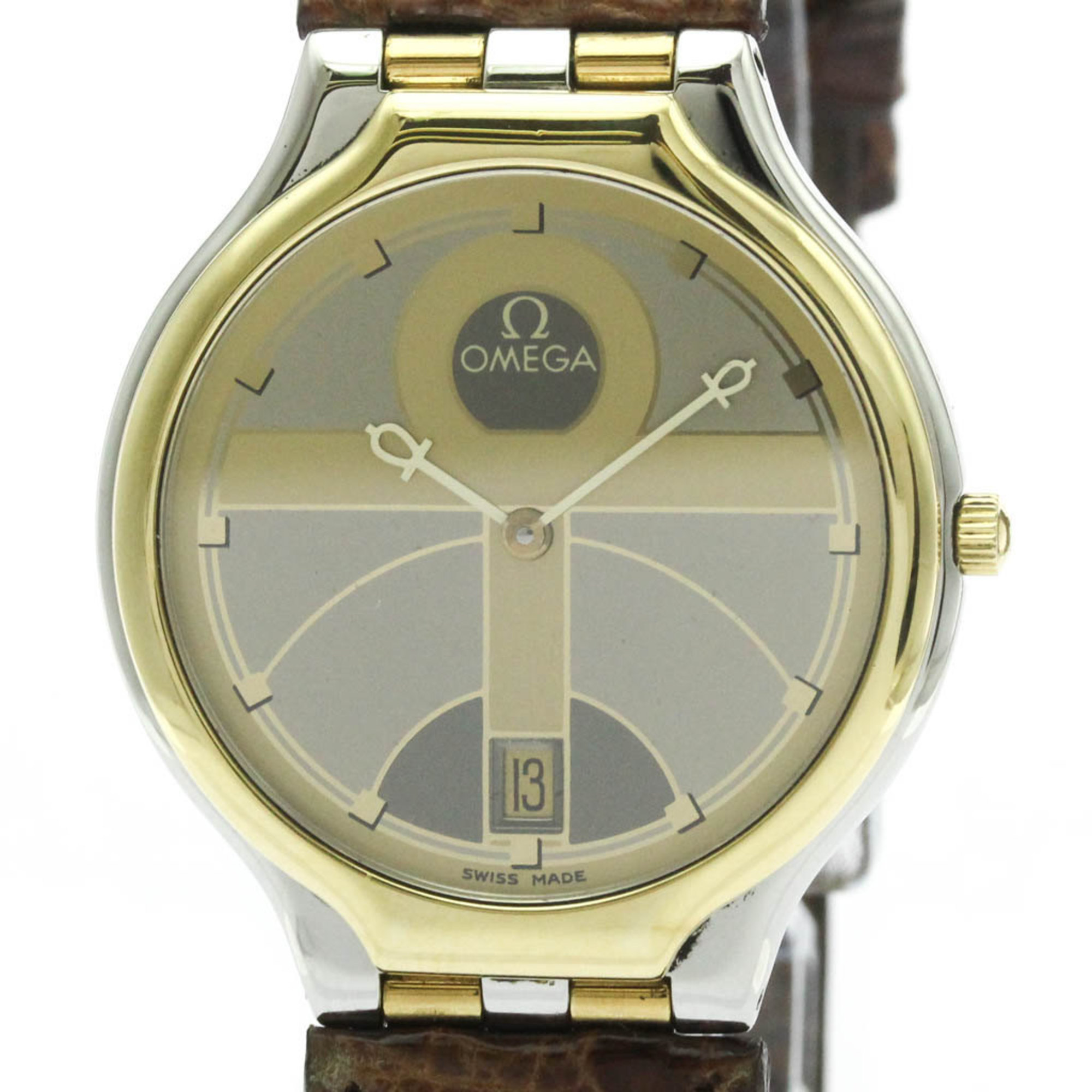 ゼロ (OMEGA)  天魔波旬 符牒 18K ゴールド ステンレス鋼スチール写真 なめし革 石英 メンズ 時辰儀 196.0316 (飾りつけ完成済み)【中古】