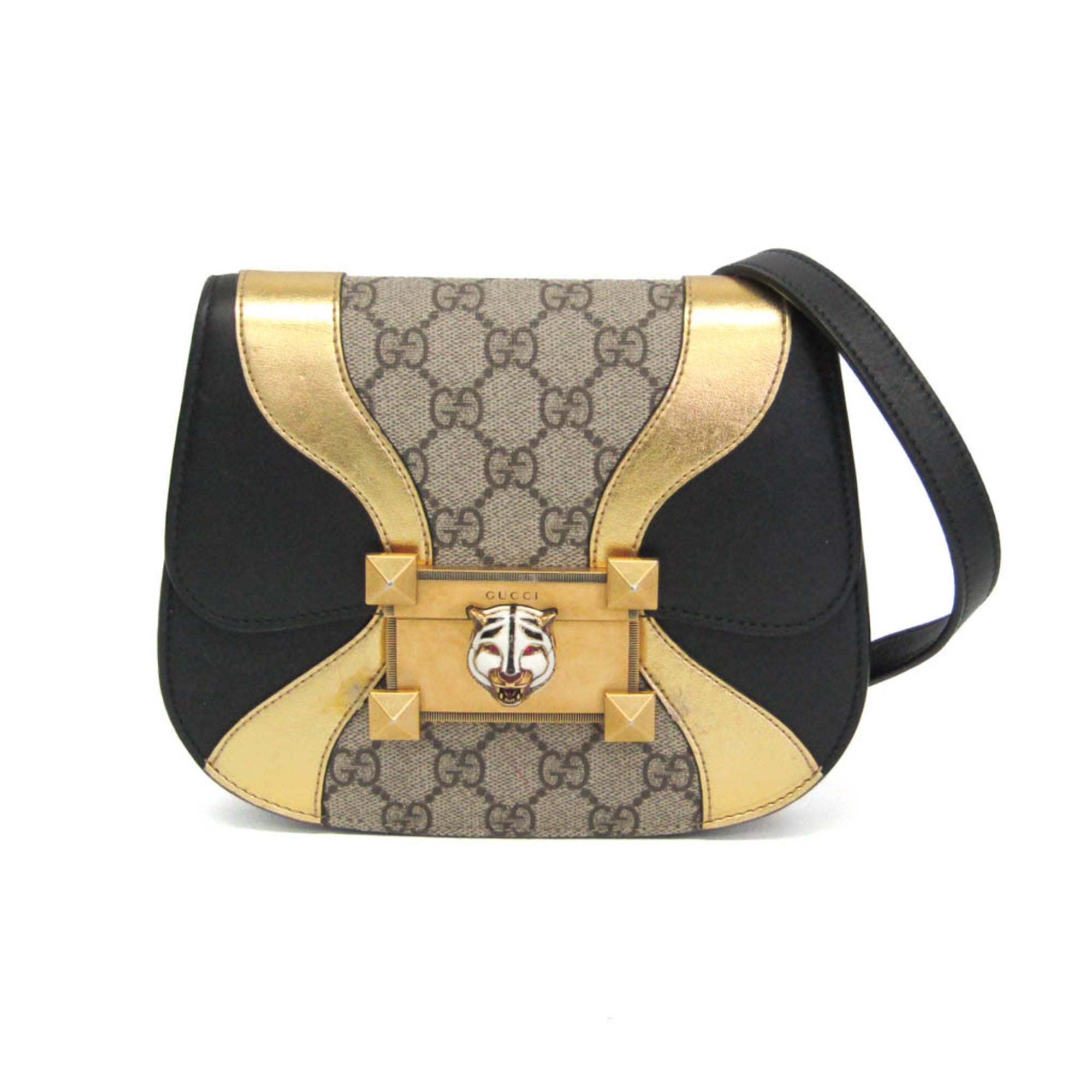 グッチ(Gucci) 虎上端 500781 レディース GGスプリーム,なめし革 ショルダーバッグ ゴールド,ベージュ,黒いこと【中古】