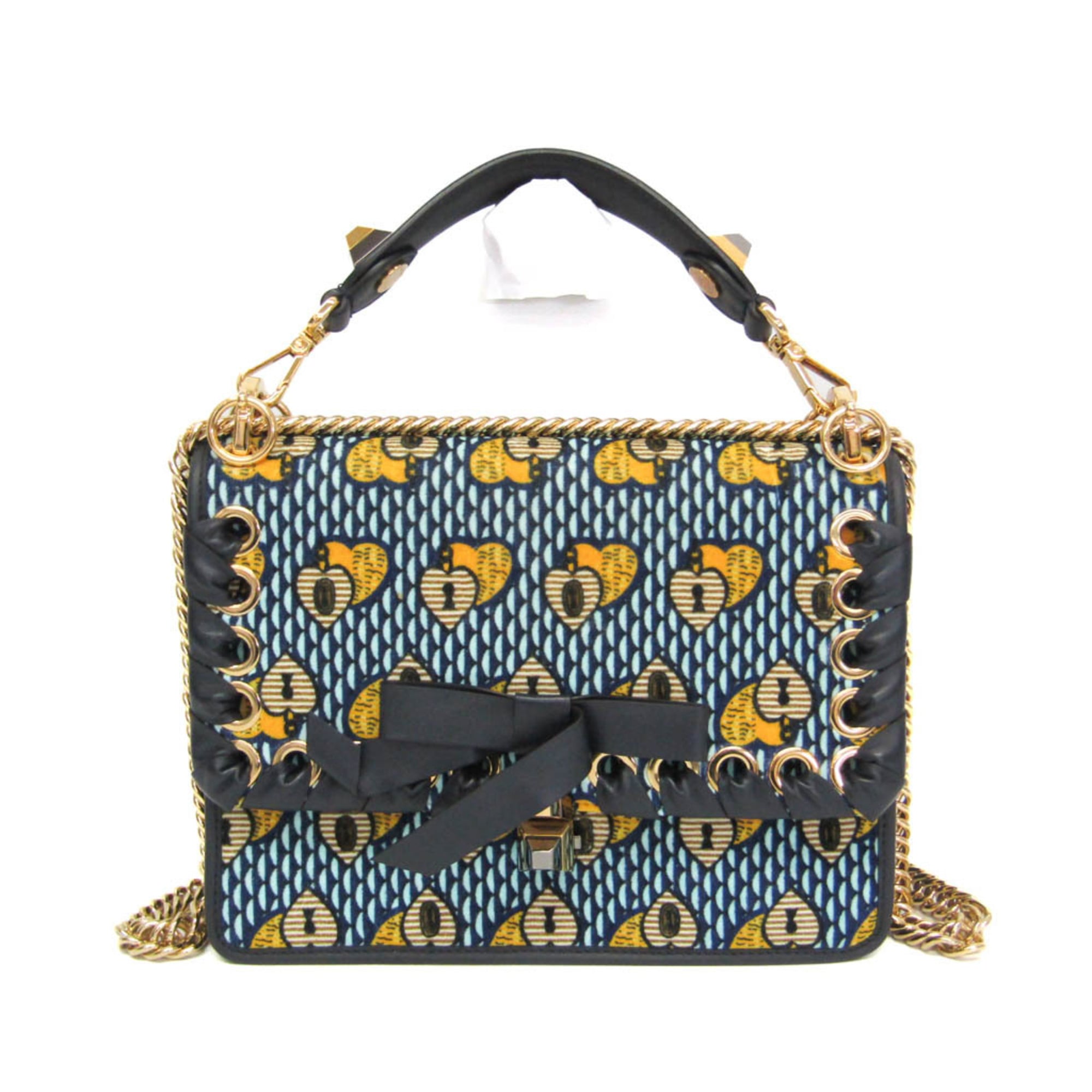 フェンディ(Fendi) キャナイ KAN I 8BT283 レディース 天鵞絨,なめし革 ハンドバック,ショルダーバッグ ともし火青碧,米国海軍,黄色【中古】