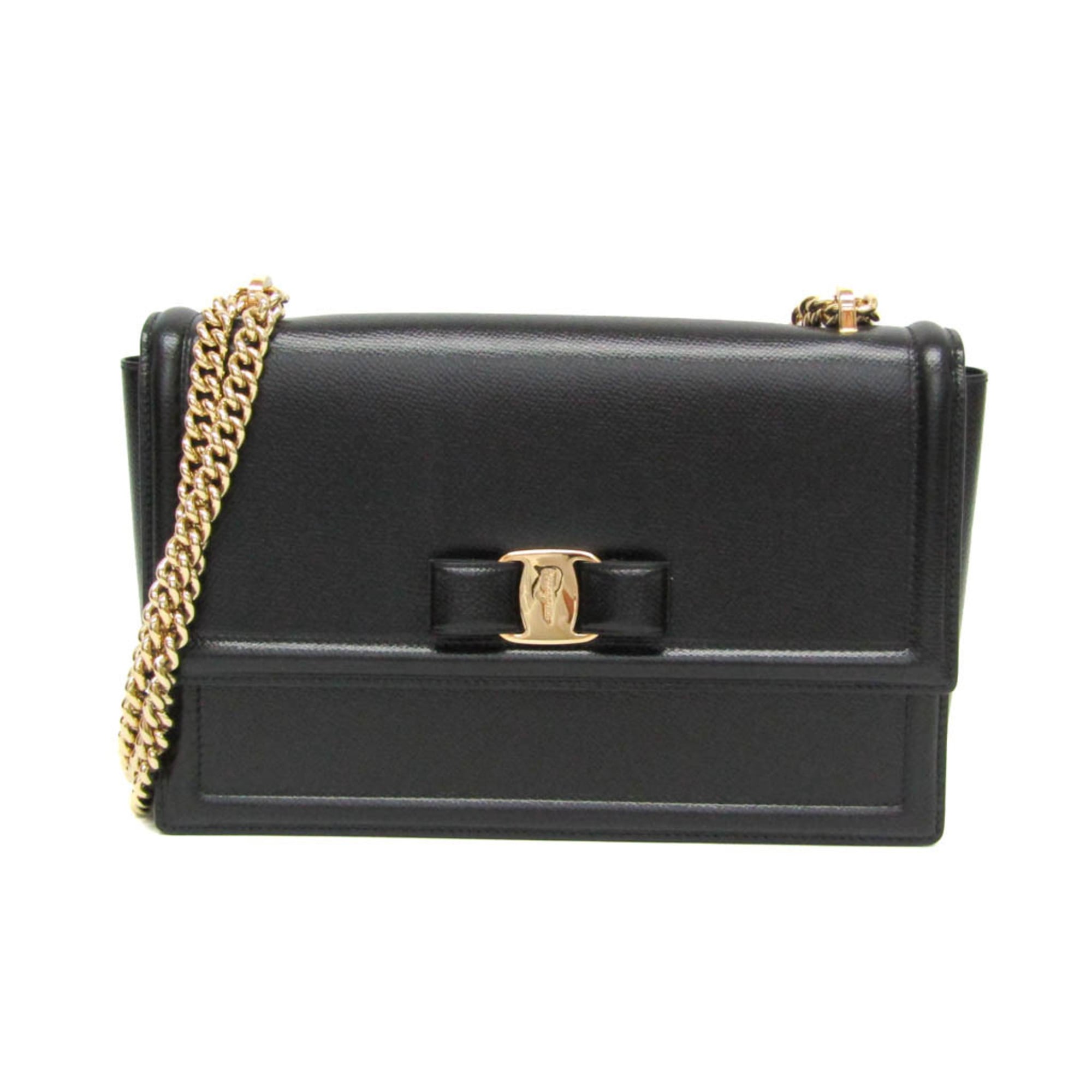 サルヴァトーレ・フェラガモ(Salvatore Ferragamo) ヴァラ 金-21G462 レディース なめし革 ショルダーバッグ 黒いこと【中古】