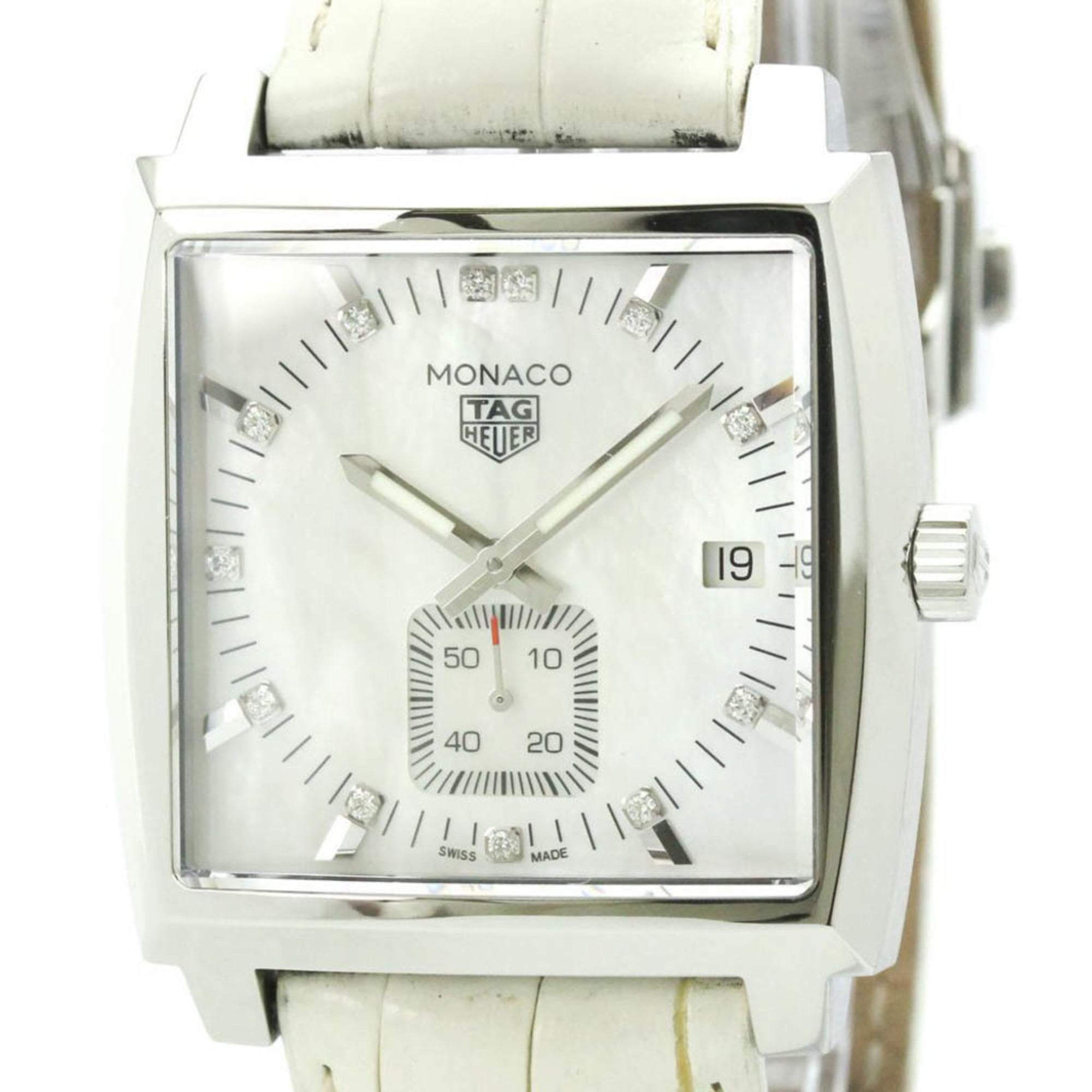 タグホイヤー (TAG HEUER) モナコ レディ ダイヤモンド シェル文字盤 ステンレススチール レザー クォーツ ユニセックス 時計 WAW131B (外装仕上げ済み)【中古】