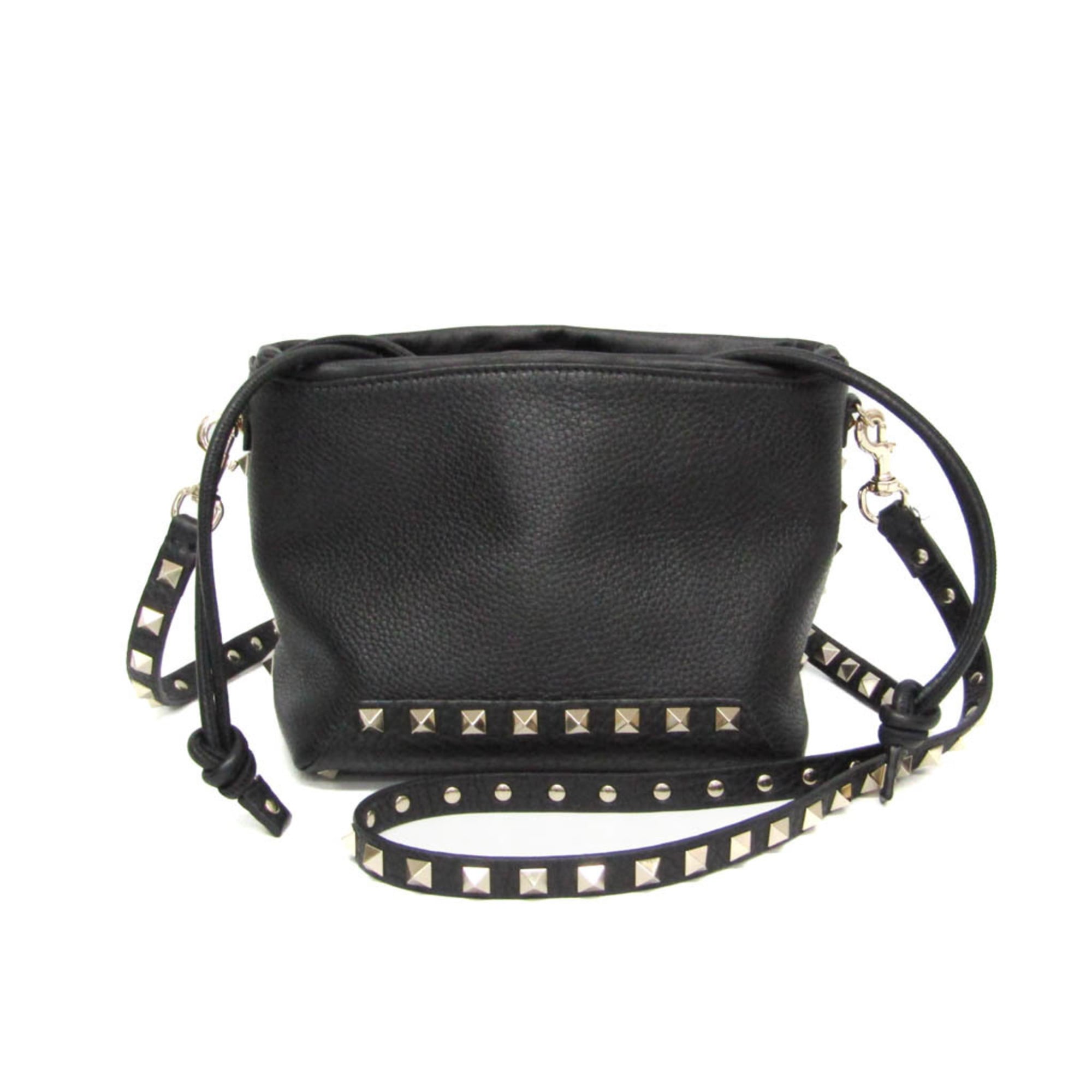 ヴァレンティノ・ガラヴァーニ(Valentino Garavani) ロックスタッズ 巾着ショルダーバッグ レディース レザー ショルダーバッグ ブラック【中古】