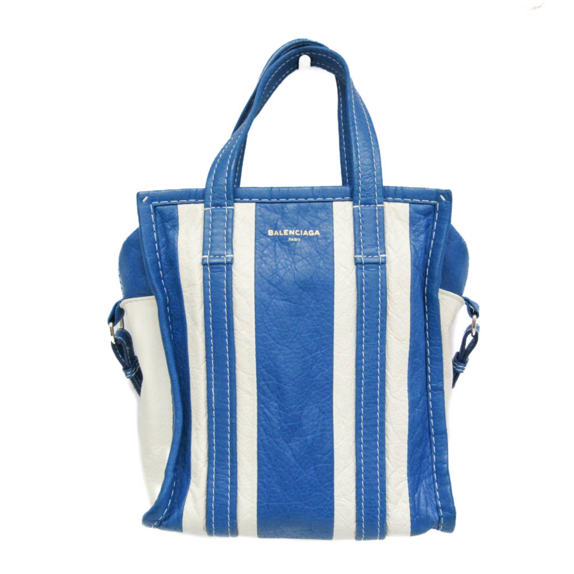 バレンシアガ(Balenciaga) バザールショッパーXS 452458 レディース レザー ショルダーバッグ,トートバッグ ブルー,ホワイト【中古】