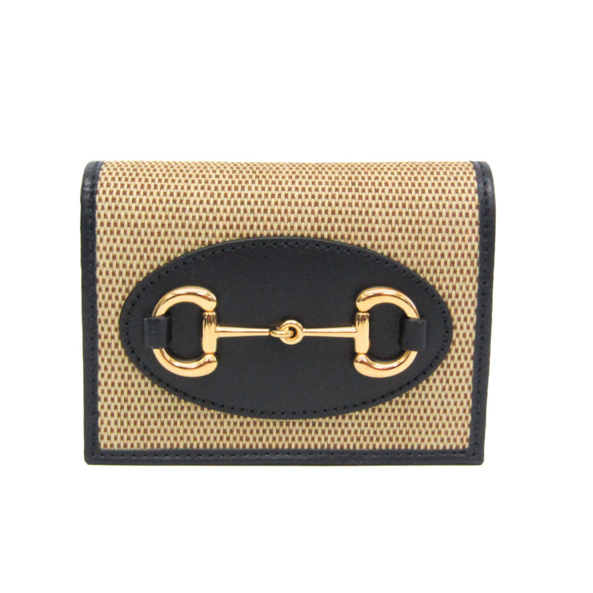 グッチ(Gucci) 配管ビット 1955 ミニウォレット 621887 レディース 帆布,なめし革 紙入れ（二つ折り） ベージュ,黒いこと【中古】