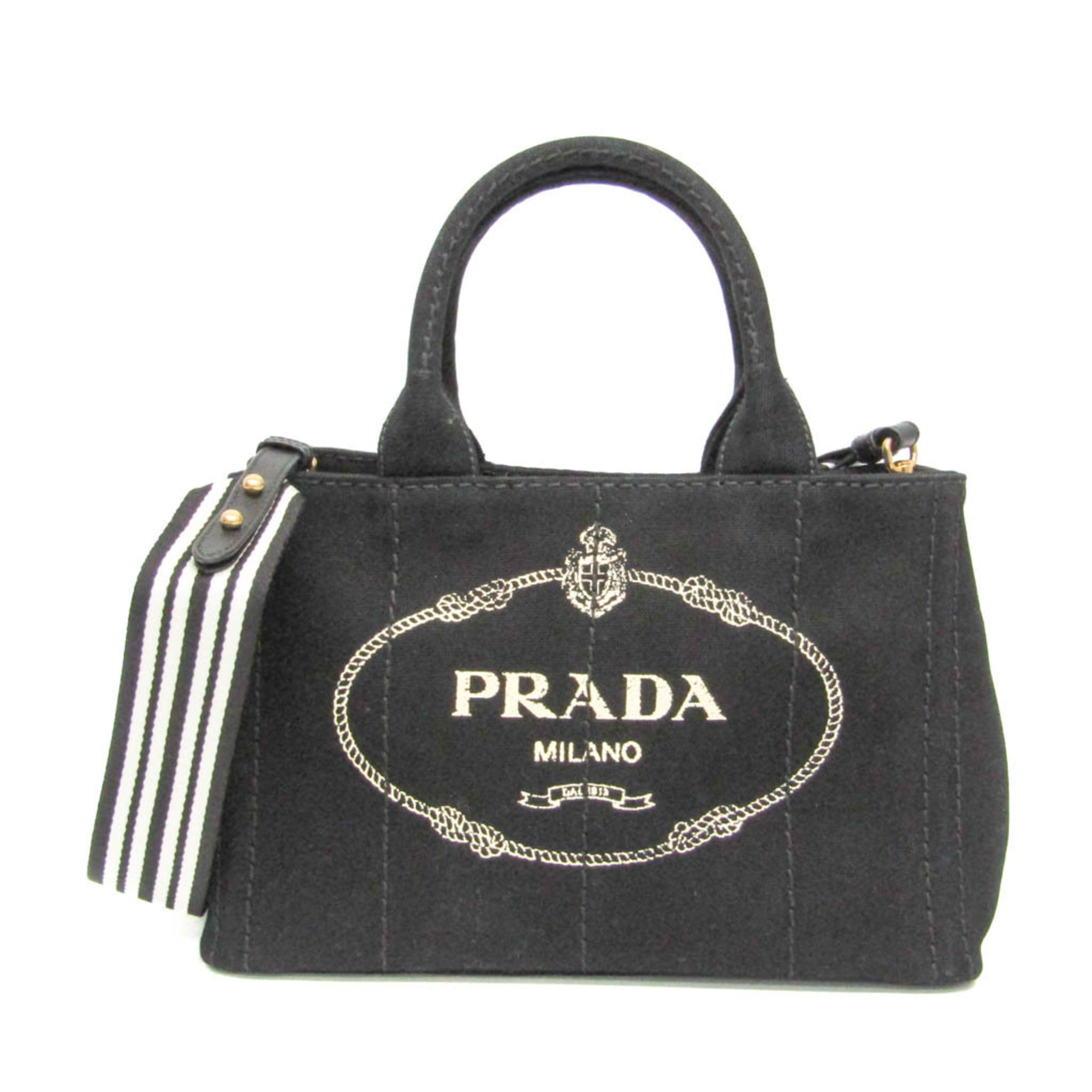 プラダ(Prada) カナパ 1BG439 レディース デニム ハンドバッグ,ショルダーバッグ ブラック,ホワイト【中古】