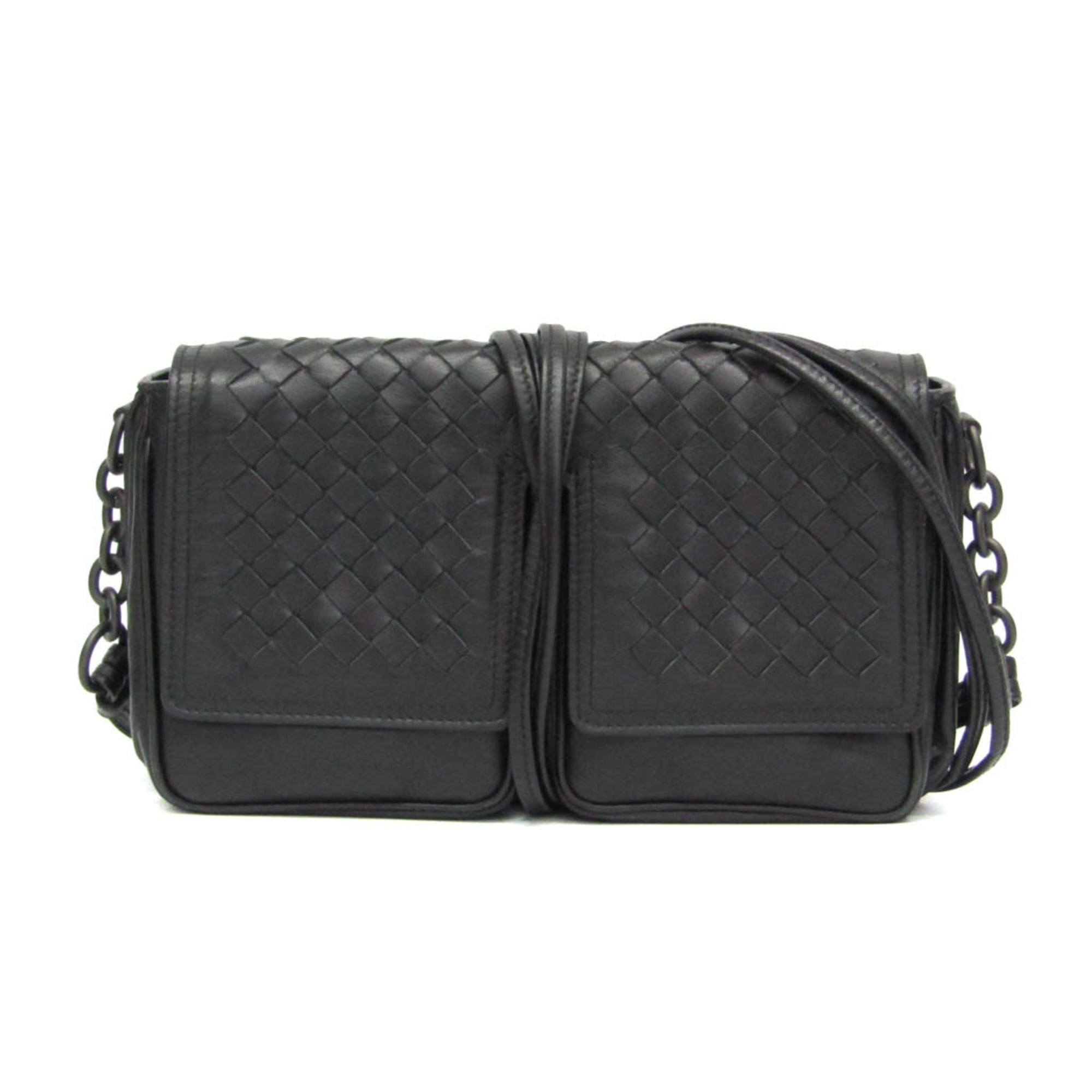 ボッテガ・ヴェネタ(Bottega Veneta) イントレチャート レディース,メンズ なめし革 ショルダーバッグ 黒いこと【中古】