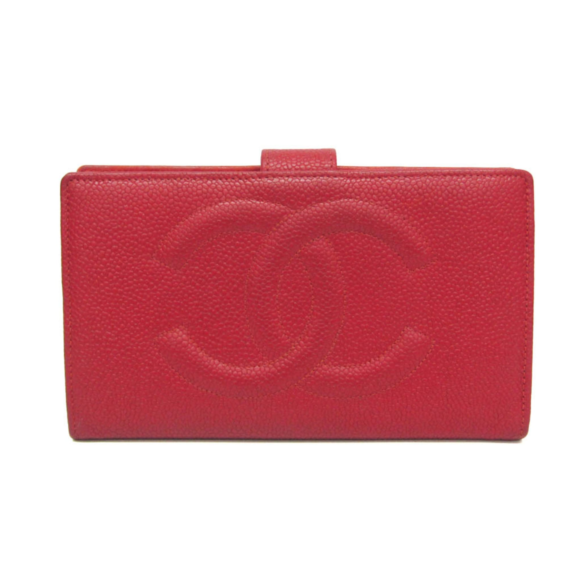 シャネル(Chanel) ココマーク レディース キャビアスキン ラムスキン 長財布（二つ折り） レッド【中古】