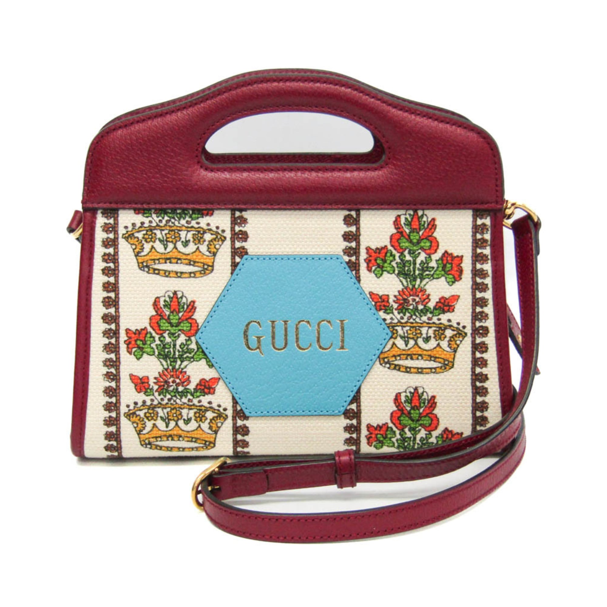 グッチ(Gucci) 100周年記念 676311 レディース レザー,キャンバス ショルダーバッグ ボルドー,ライトブルー,オフホワイト【中古】