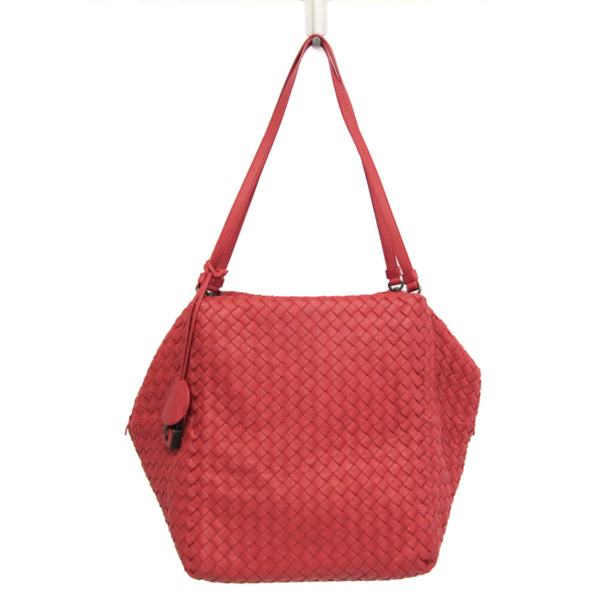 ボッテガ・ヴェネタ(Bottega Veneta) イントレチャート レディース,メンズ レザー ショルダーバッグ,トートバッグ レッド【中古】