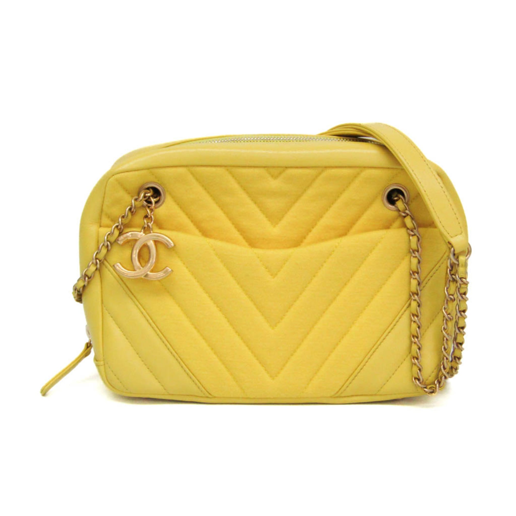シャネル(Chanel) シェブロン V編み目 レディース なめし革,綿織物 ショルダーバッグ 黄色【中古】
