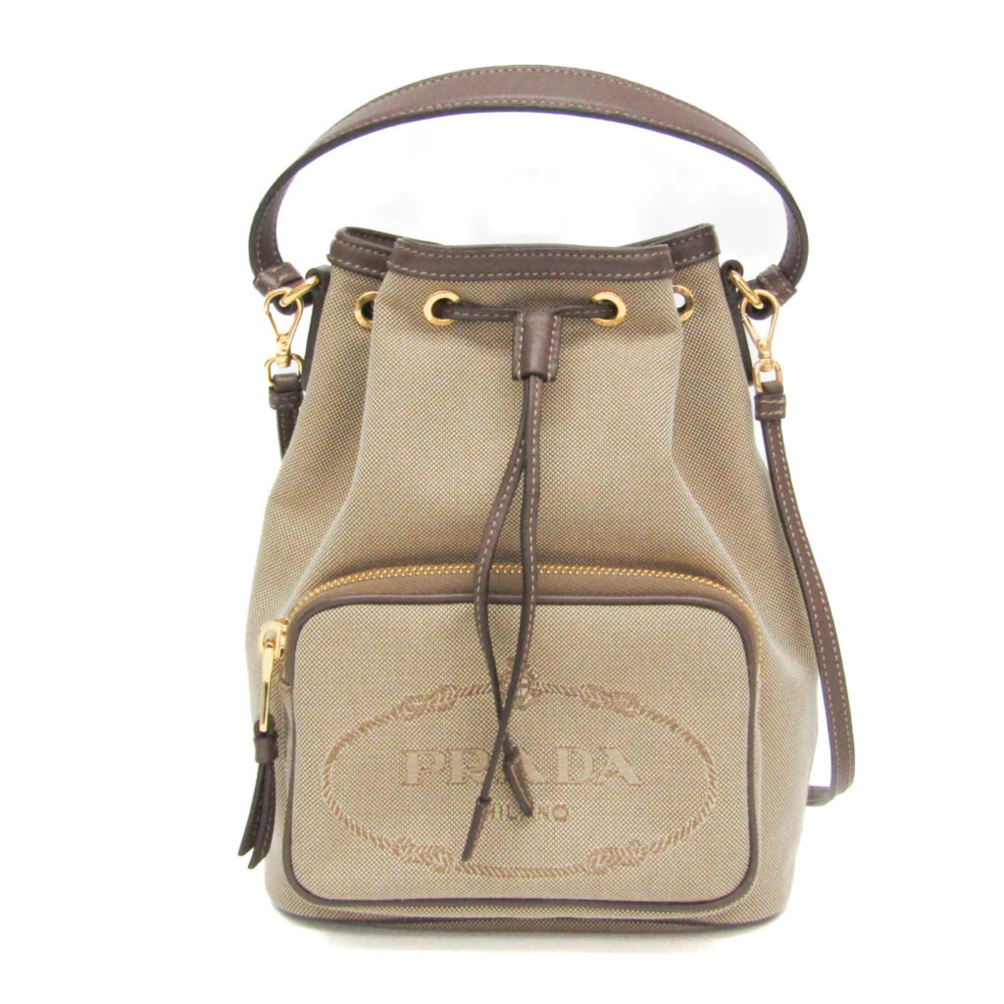 プラダ(Prada) ロゴジャガード 巾着バッグ レディース レザー,ジャカード ハンドバッグ,ショルダーバッグ ベージュブラウン,ダークブラウン【中古】