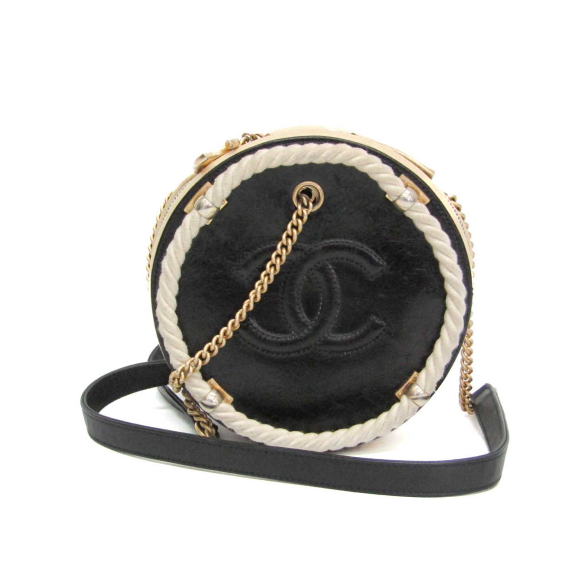 シャネル(Chanel) ココマーク ラウンド チェーンショルダーバッグ レディース レザー ハンドバッグ,ショルダーバッグ ブラック,ライトベージュ【中古】｜eLady