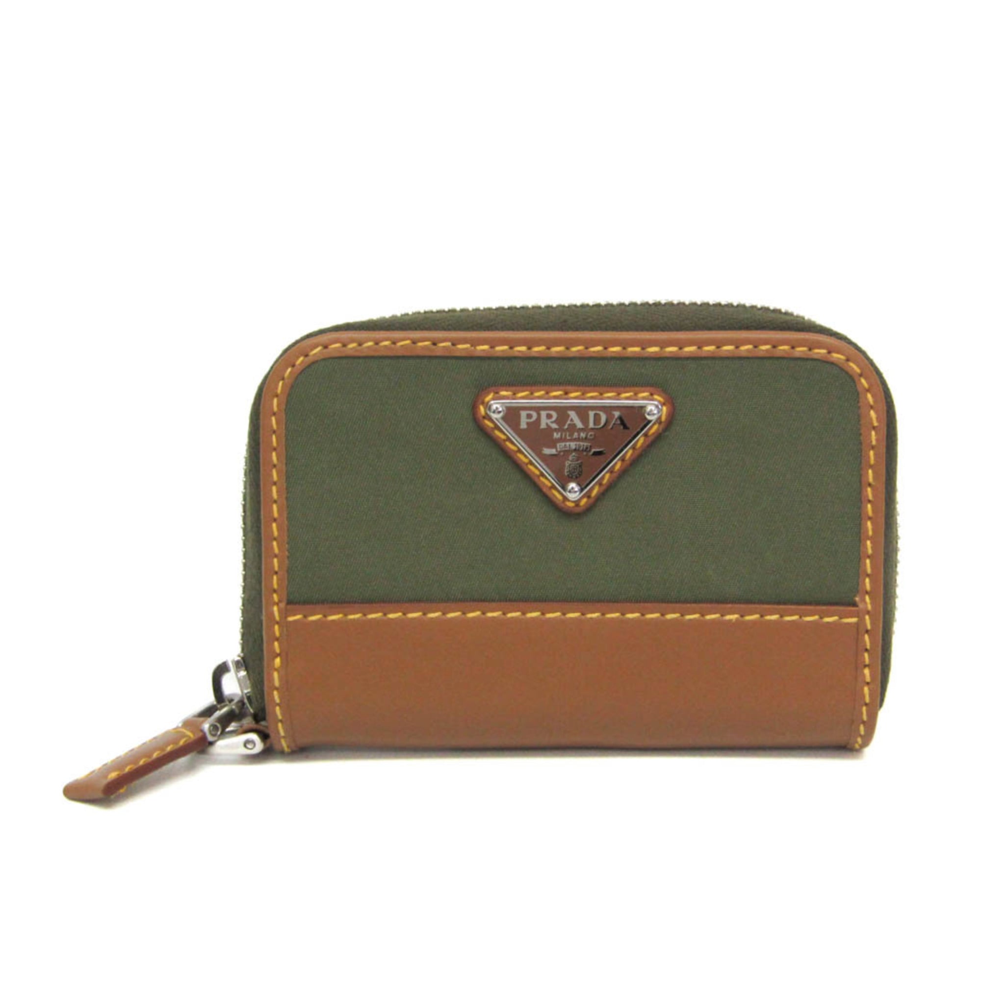 プラダ(Prada) RE-NYLON コインカードホルダー 2MR039 メンズ,レディース ナイロン,レザー 小銭入れ・コインケース カーキ,ライトブラウン【中古】|eLady
