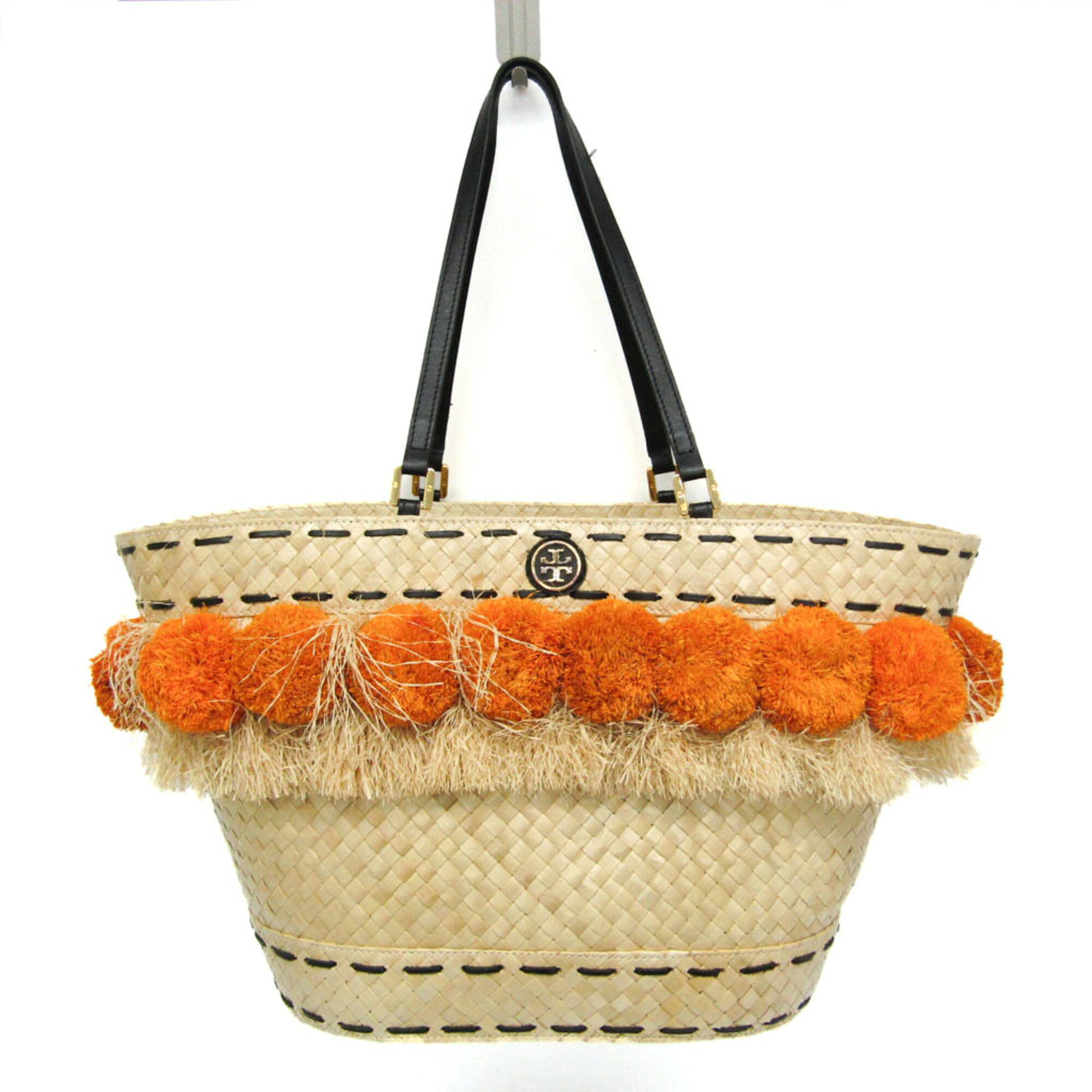 トリーバーチ(Tory Burch) Pom Pom 砂浜 手かご御徒面子 レディース 麦わら,籐 (ラタン) 手かご,トートバッグ 点火装置ベージュ,オレンジ色【中古】