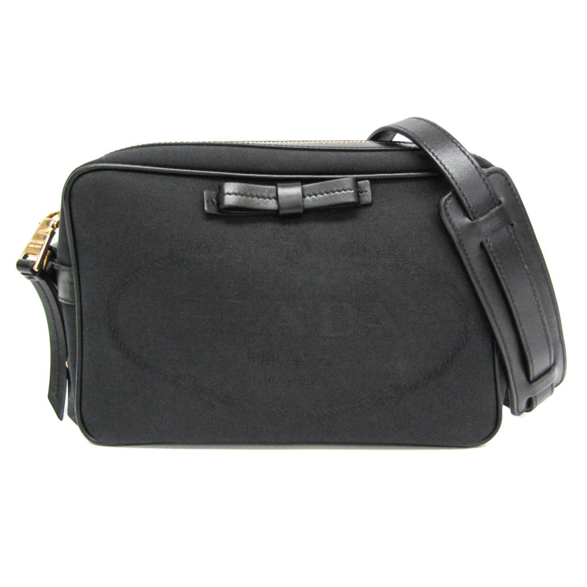 プラダ(Prada) LOGO JACQUARD 1BH089 レディース ジャカード,なめし革 ショルダーバッグ 黒いこと【中古】