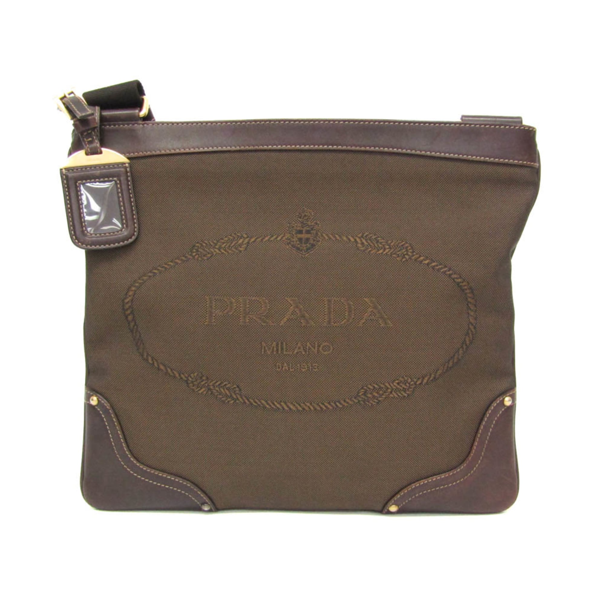 プラダ(Prada) ロゴ ジャガード レディース キャンバス,レザー ショルダーバッグ ダークブラウン【中古】