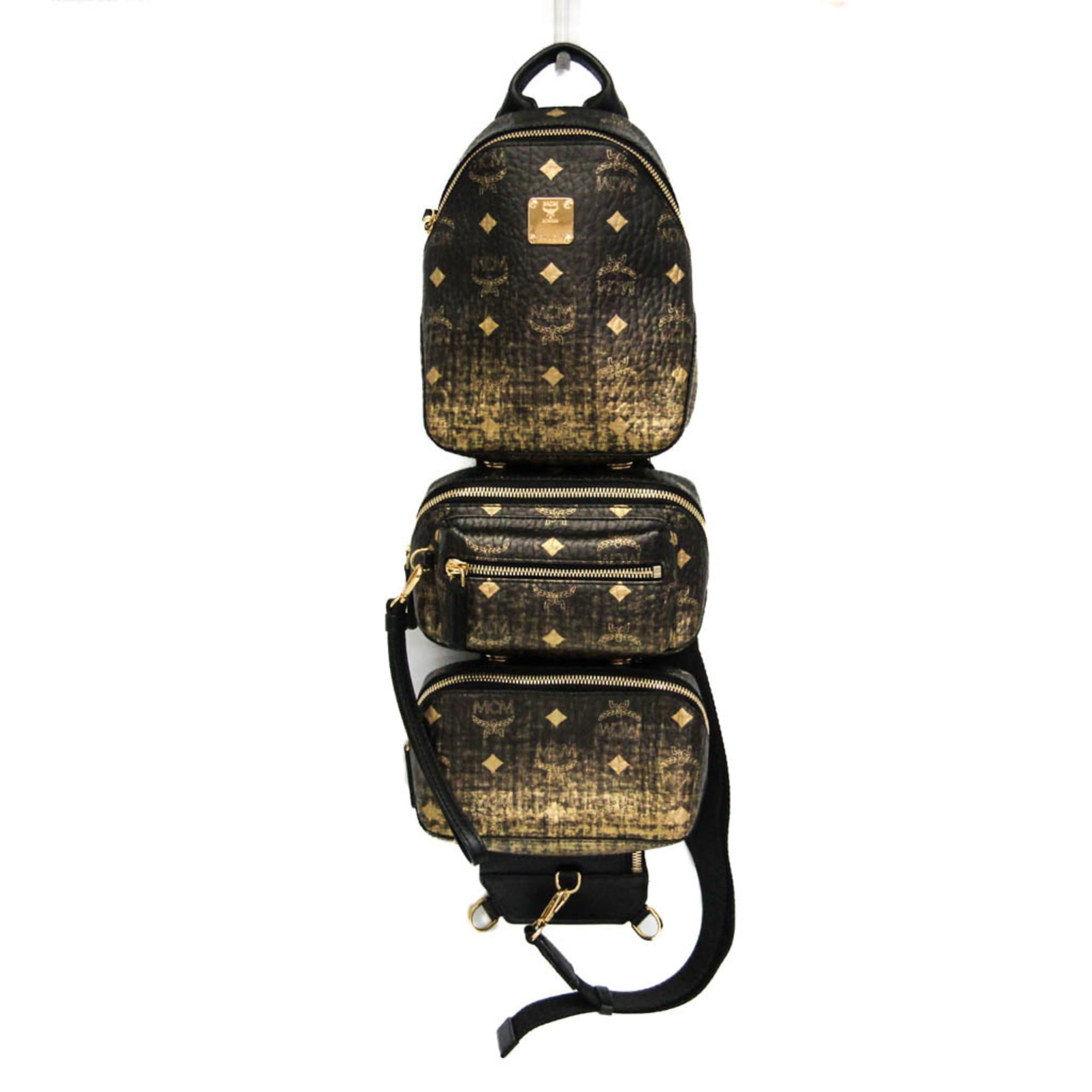 MCM ヴィセトス トリプル 上半身御徒面子 MUL9ARN11DG001 メンズ 上塗り帆布,なめし革 ショルダーバッグ,上半身御徒面子 ゴールド,黒いこと【中古】
