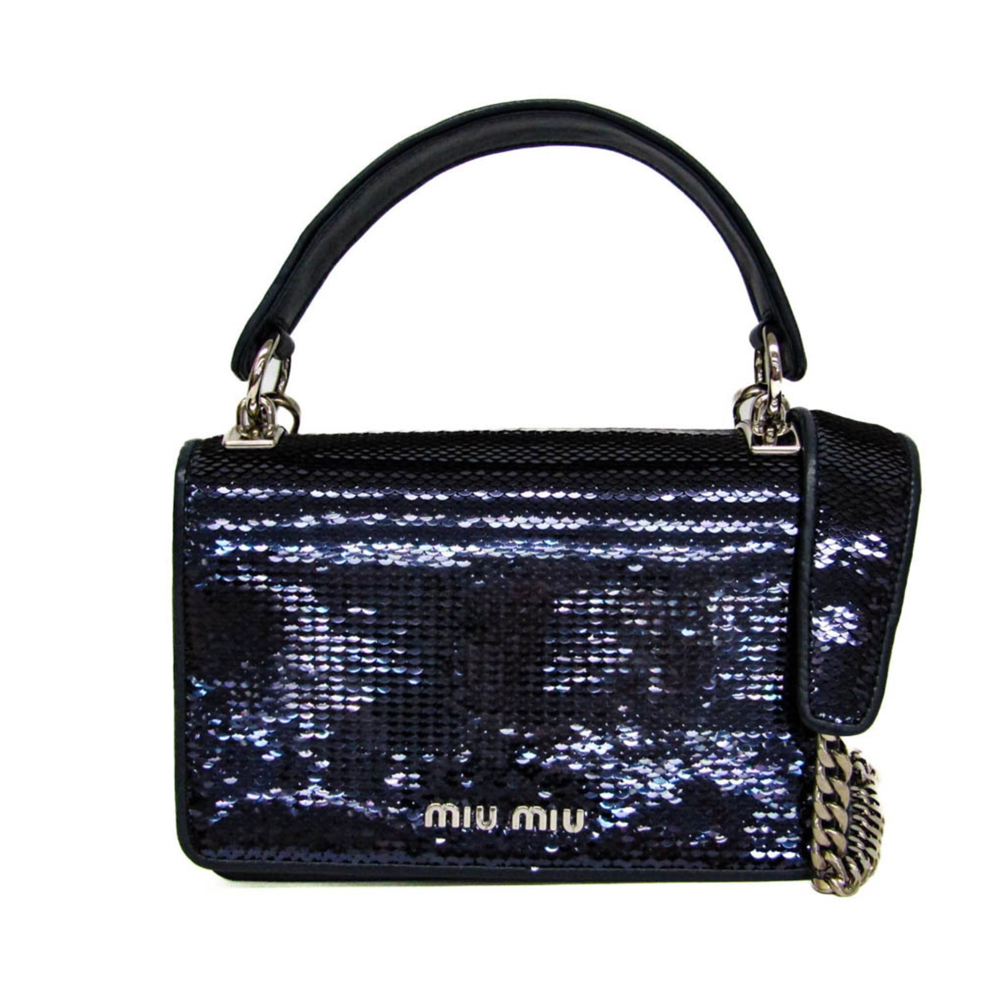 ミュウミュウ(Miu Miu) チェーン店ショルダーバッグ 5BH107 レディース なめし革,スパンコール ハンドバック,ショルダーバッグ 青色【中古】