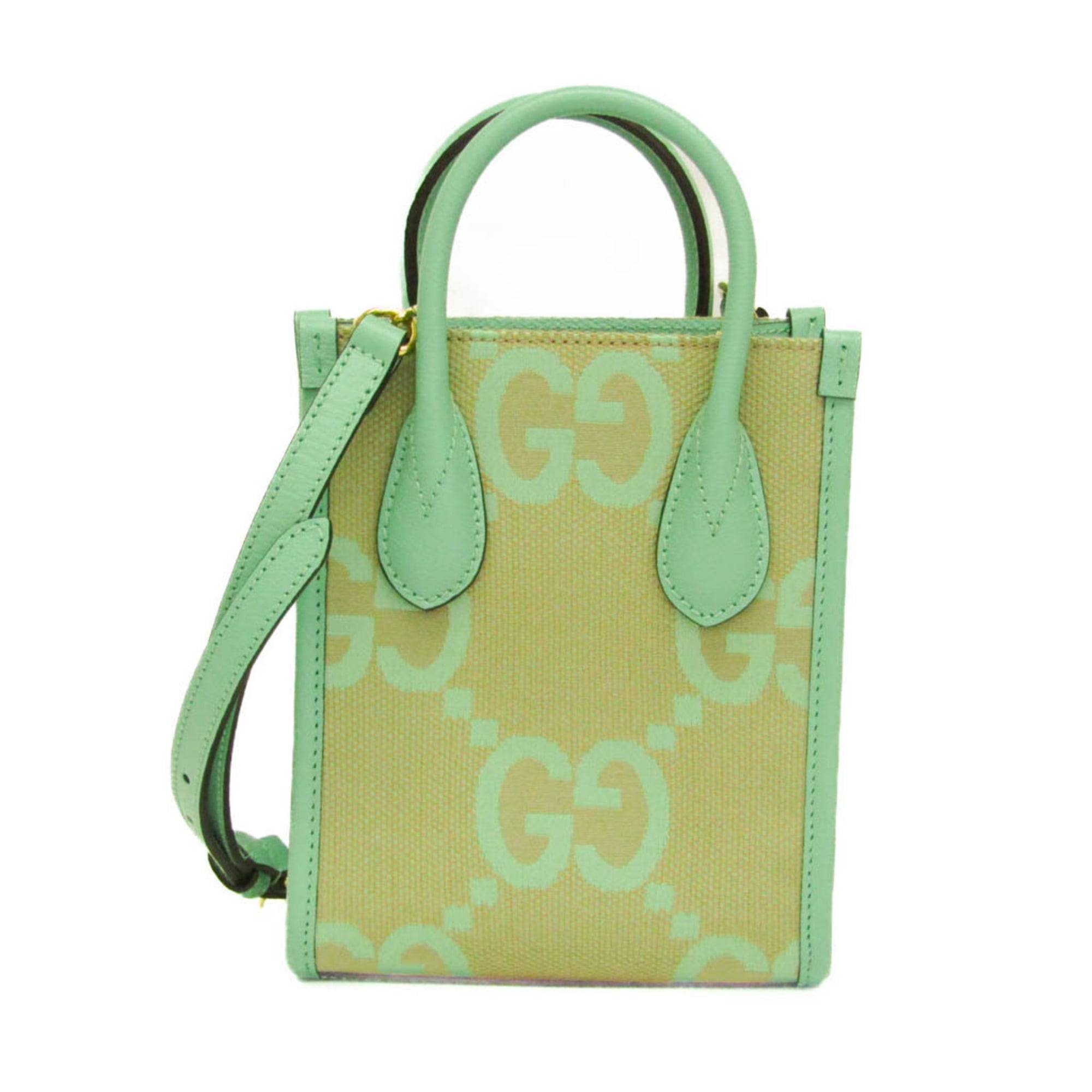 グッチ(Gucci) ジャンボGG 671623 レディース 帆布,なめし革 ハンドバック,ショルダーバッグ ベージュ,ライトグリーン【中古】