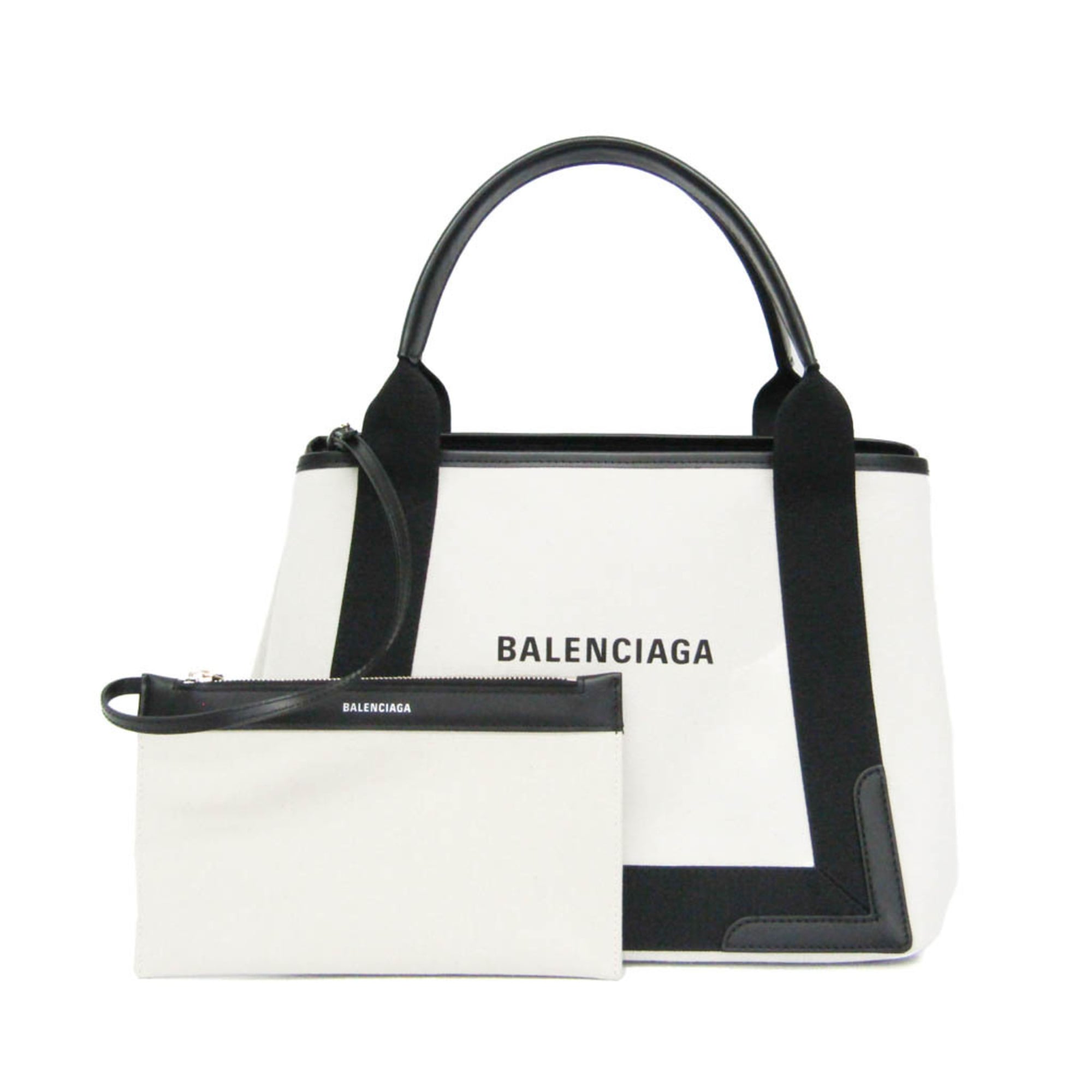 バレンシアガ(Balenciaga) ネイビーカバスS 339933 レディース キャンバス,レザー ハンドバッグ ブラック,オフホワイト【中古】