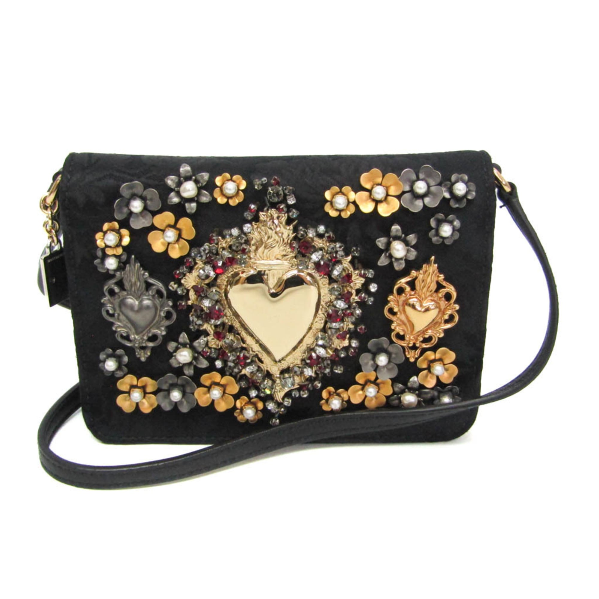 ドルチェ&ガッバーナ(Dolce & Gabbana) ゴールドハート フラワー レディース サテン,レザー ショルダーバッグ ゴールド,シルバー,ブラック【中古】