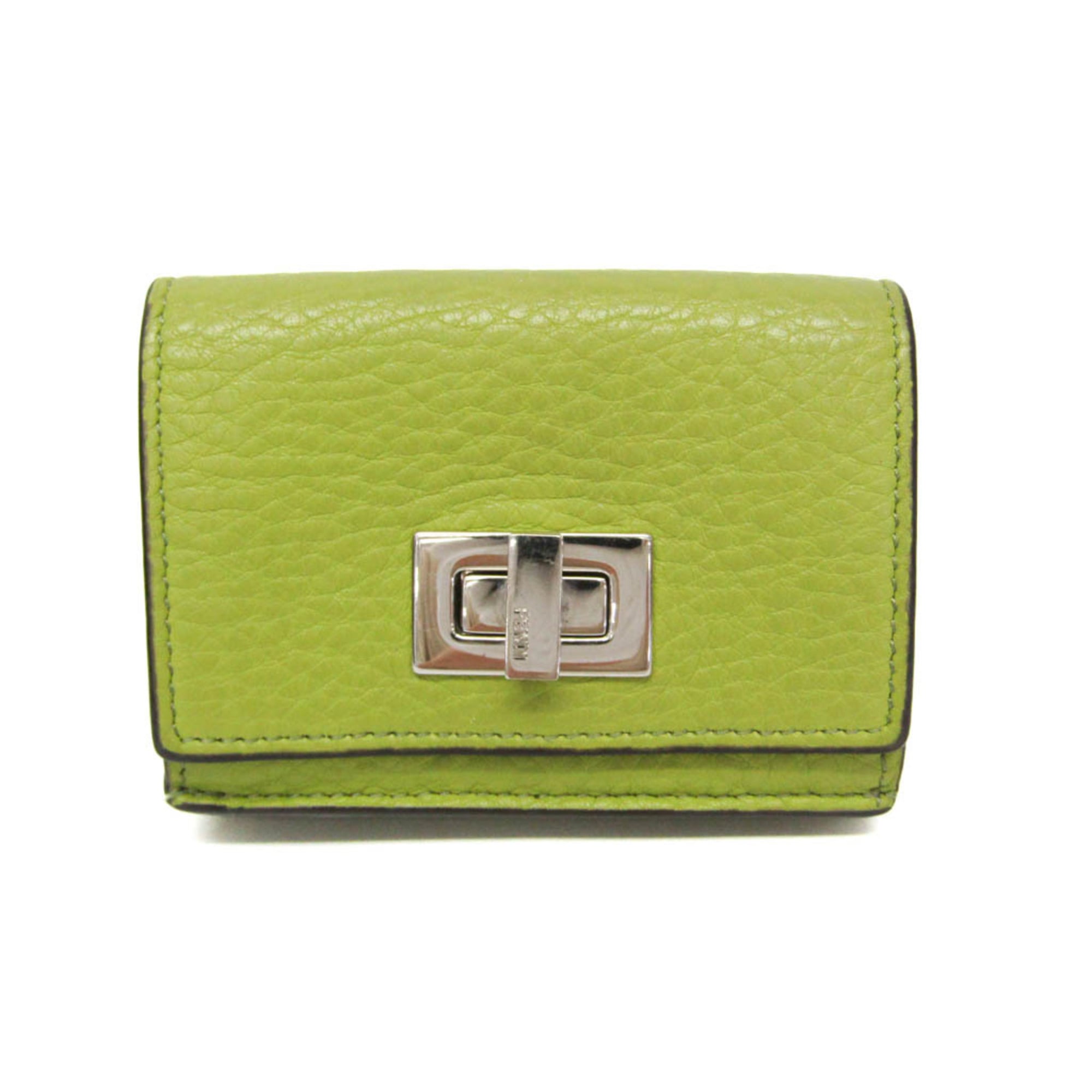フェンディ(Fendi) ピーカブー 8M0426 レディース なめし革 金入れ（三つ折り） ライトグリーン【中古】