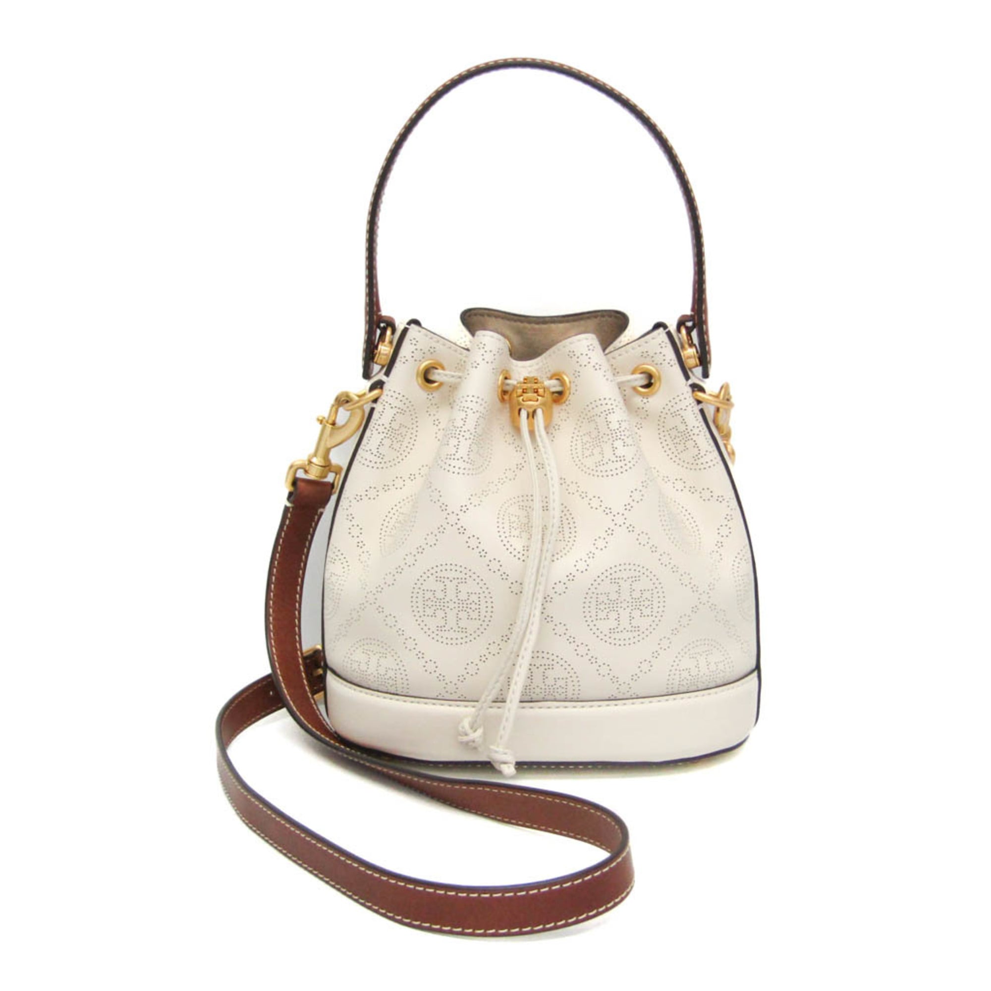 トリーバーチ(Tory Burch) Tモノグラム パーフォレート バケットバッグ 80768 レディース レザー ハンドバッグ,ショルダーバッグ ブラウン,オフホワイト【中古】｜eLady