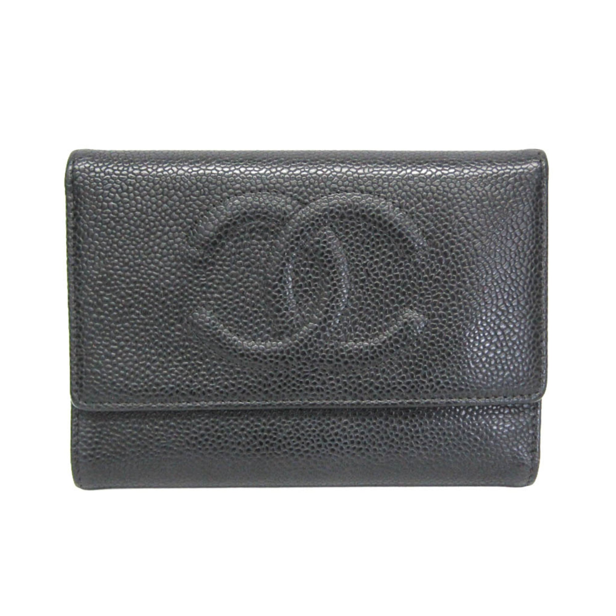 シャネル(Chanel) ココマーク レディース キャビアスキン 財布（三つ折り） ブラック【中古】｜eLady