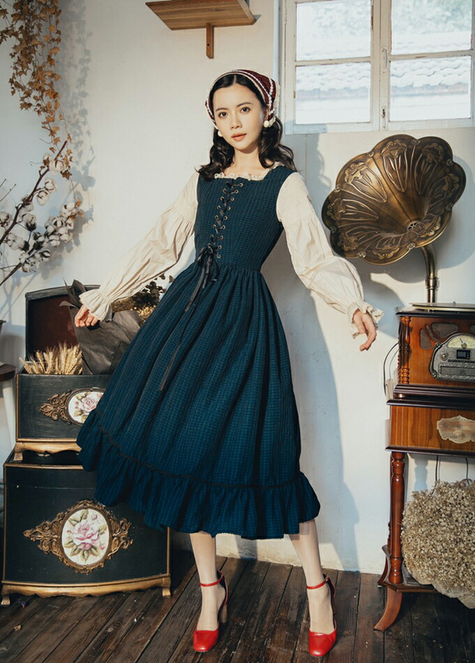 即納 オリジナルデザイン スカート丈はひざ下程度 森ガール カントリー調のワンピース 長袖 レトロ調 レイヤード風 即納 オリジナルデザイン スカート丈はひざ下程度 森ガール カントリー調のワンピース 長袖 レトロ調 レイヤード風