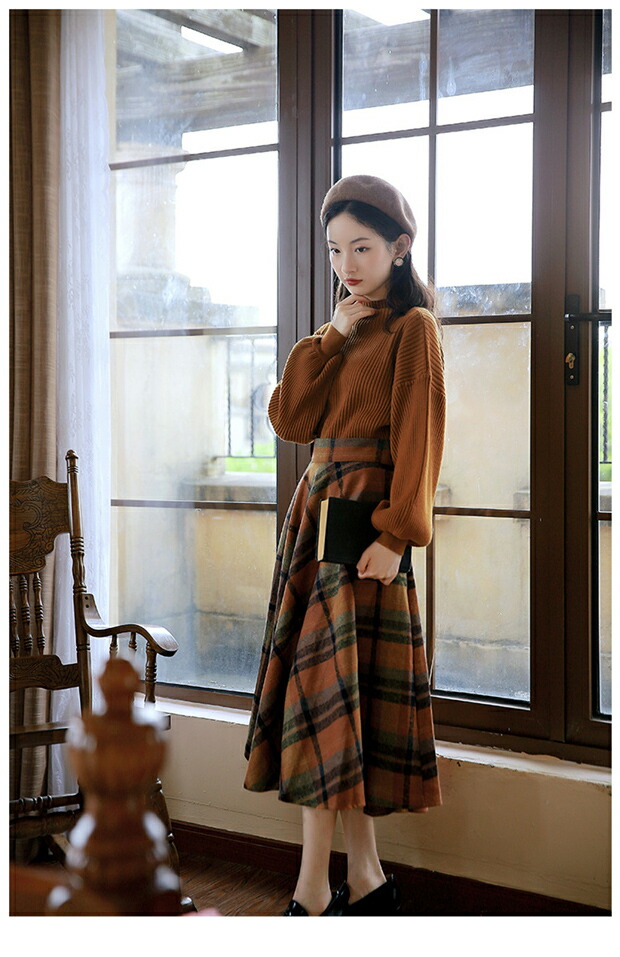 即納 冬新作 オリジナルデザイン ニット レトロ調 レディーススカート