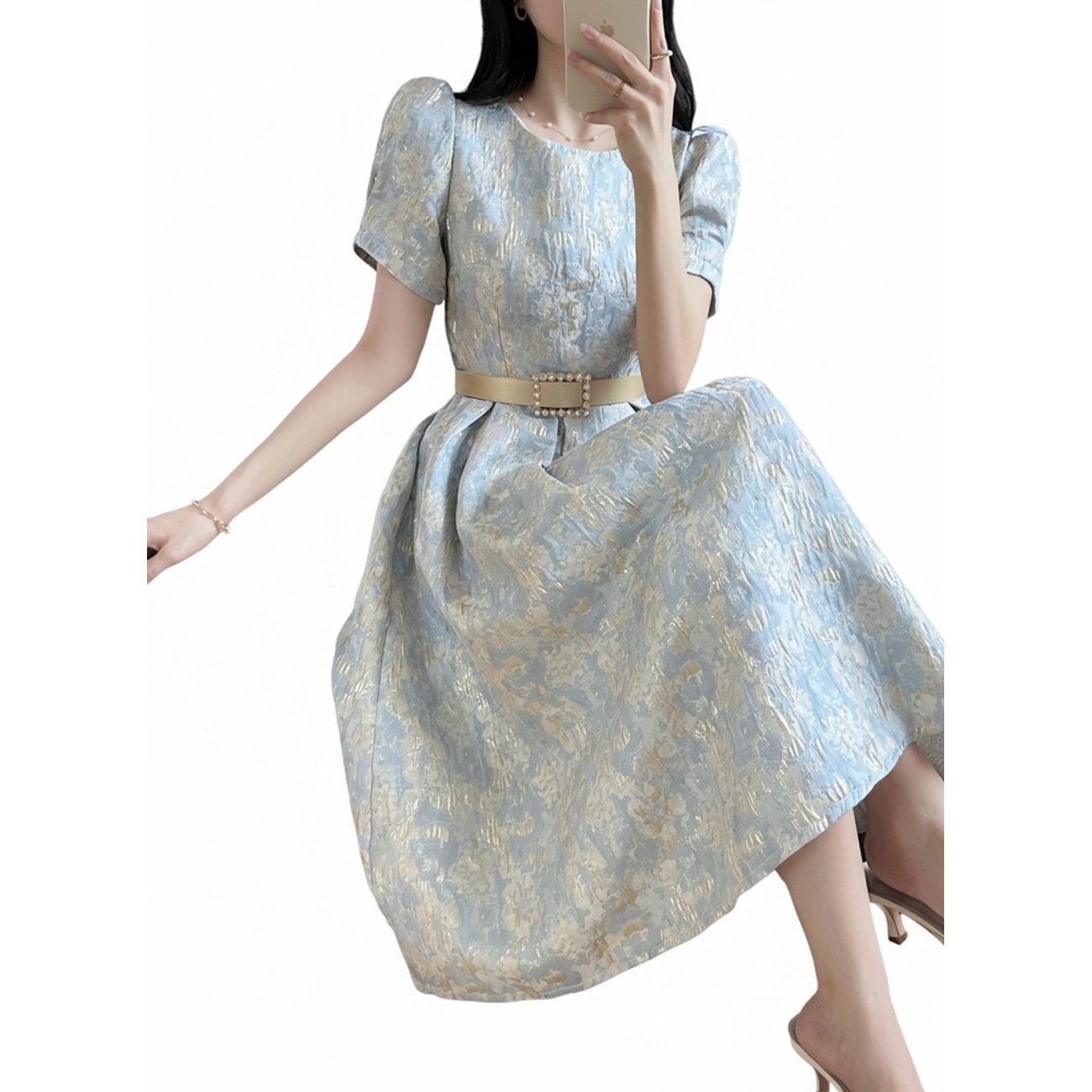 【ジャガード】 ワンピース レディース 結婚式 お呼ばれ ドレス パーティードレス Aライン ぽわん袖 体型カバー ミモレ丈 ロング 二次会 披露宴 謝恩会 入学式 卒業式 七五三 ママ 20代 30代 40代 50代 きれいめ フェミニン 凹凸感 ふくれジャガード ボリューム袖 半袖