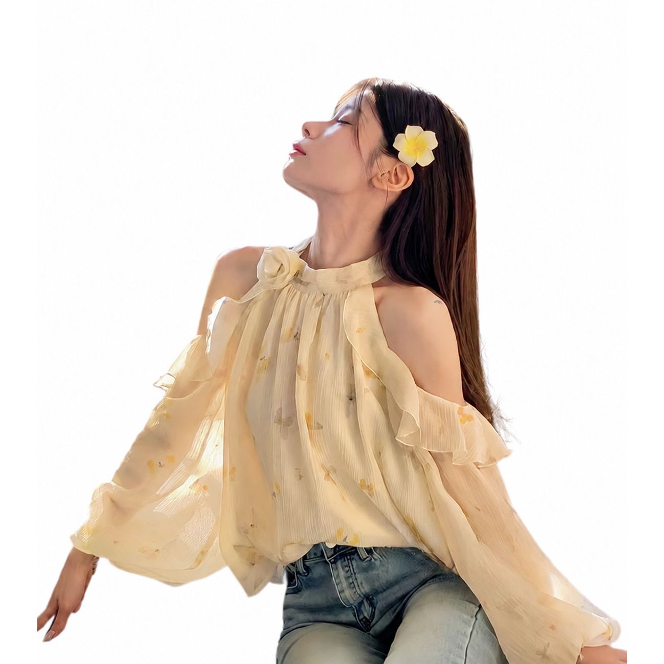 【成年者好いたらしい】トップ レディース 肩出し 花柄 トップス シフォン 公々然たる肩先 肩あき 透け感 シアー フラウンス お花 音の大きさ袖 長袖 ぽわん袖 ティーシャツ ゆったり 体型取りまかなう 二の腕取りまかなう 着痩せ 割れ易い押し出し 女子らしい 好いたらしいめ 心地好い 会う約束 溜まり場