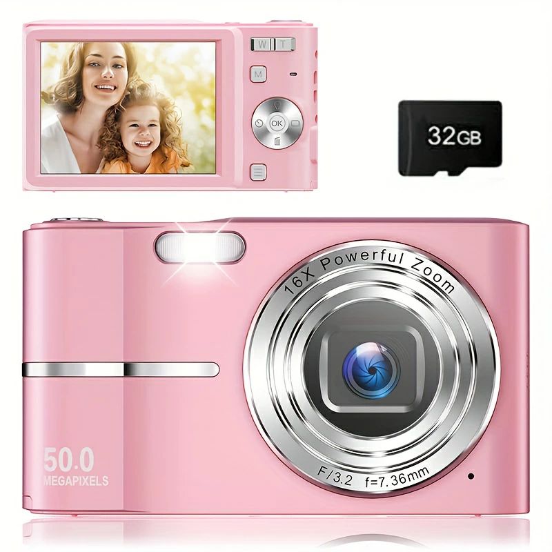 SDカ 32GB 16倍ズーム 1080P FHD 5000万画素 撮影 動画 自撮り 軽量 高画質 小型 デジカメ カメラ ビデオカメラ