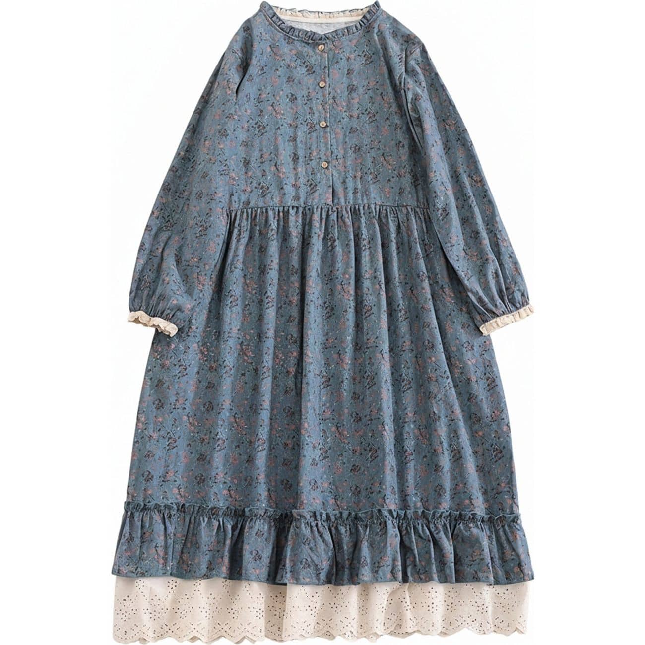 【小花柄が可愛い】 ワンピース レディース ロングワンピース 花柄 マキシ丈 ワンピ 長袖 レトロ 森ガール ナチュラル 綿麻混風 リネンタッチ レース 刺繍 フリル 立ち襟 切替 ゆったり 体型カバー 二の腕カバー 着痩せ 大きいサイズ マタニティ 春 秋 冬 大人可愛い